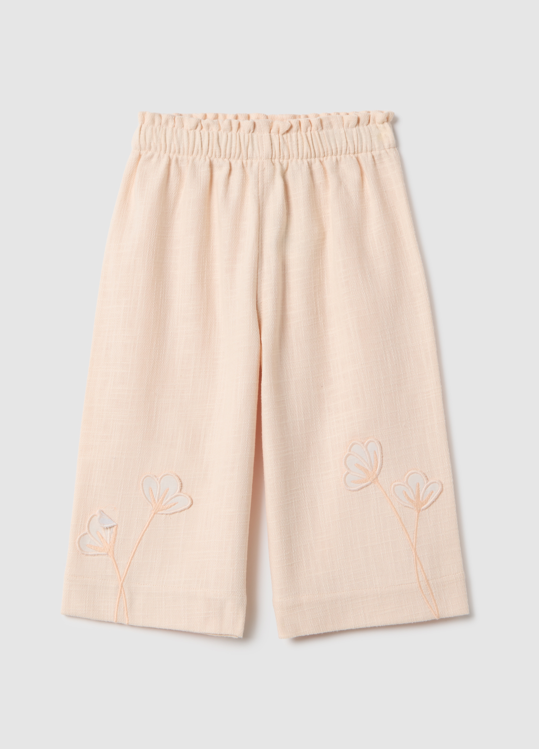 FAGOTTINO, Pantalones Culotte Beige De Algodón Y Lino Para Niña Con Bordados Florales, Niña, Beige Jaspeado, Talla: 12-18