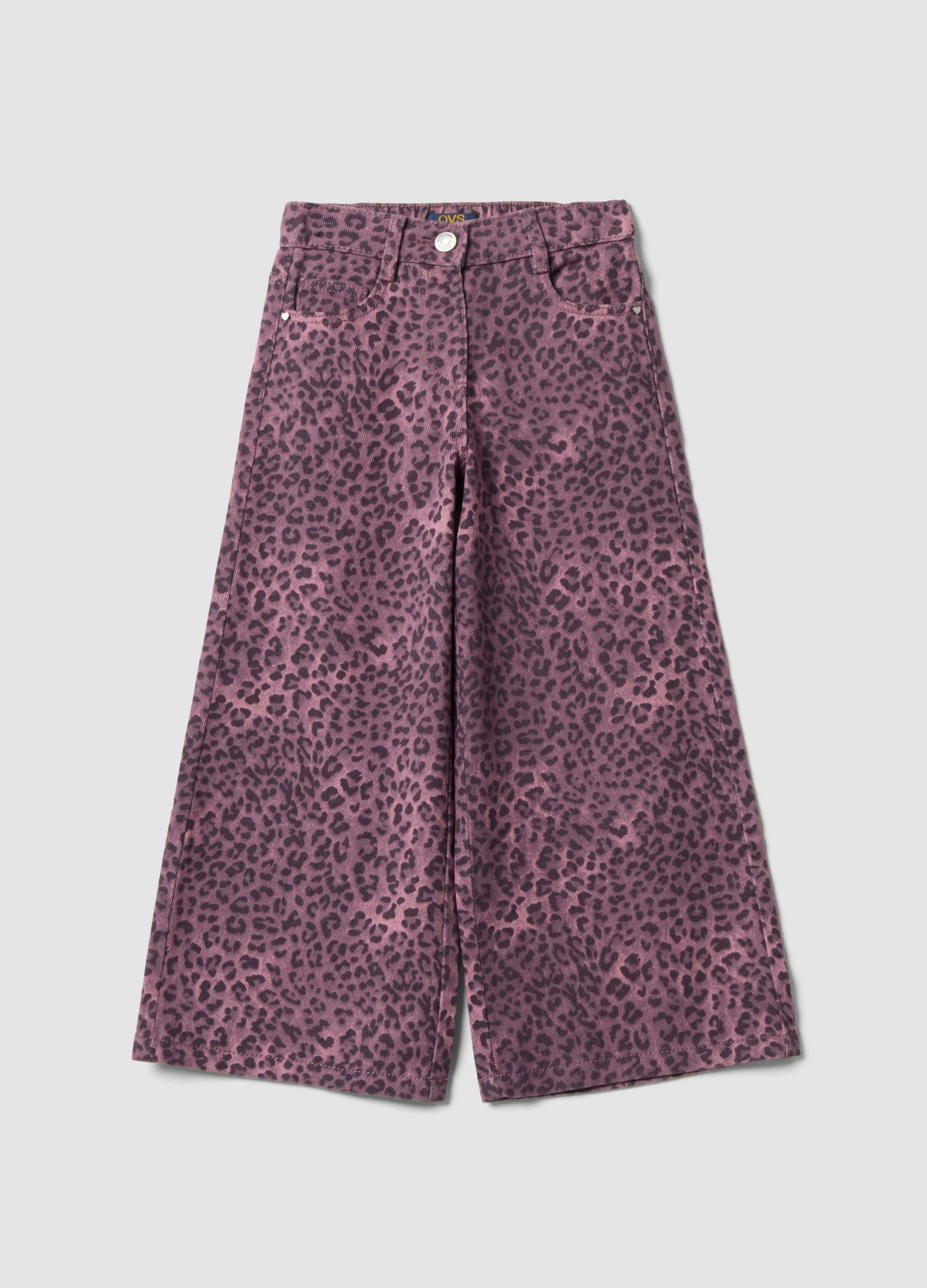 OVS KIDS, Pantaloni Viola Wide Leg In Puro Cotone Con Fantasia Animalier Per Bambina, Rosa, Taglia: 4-5