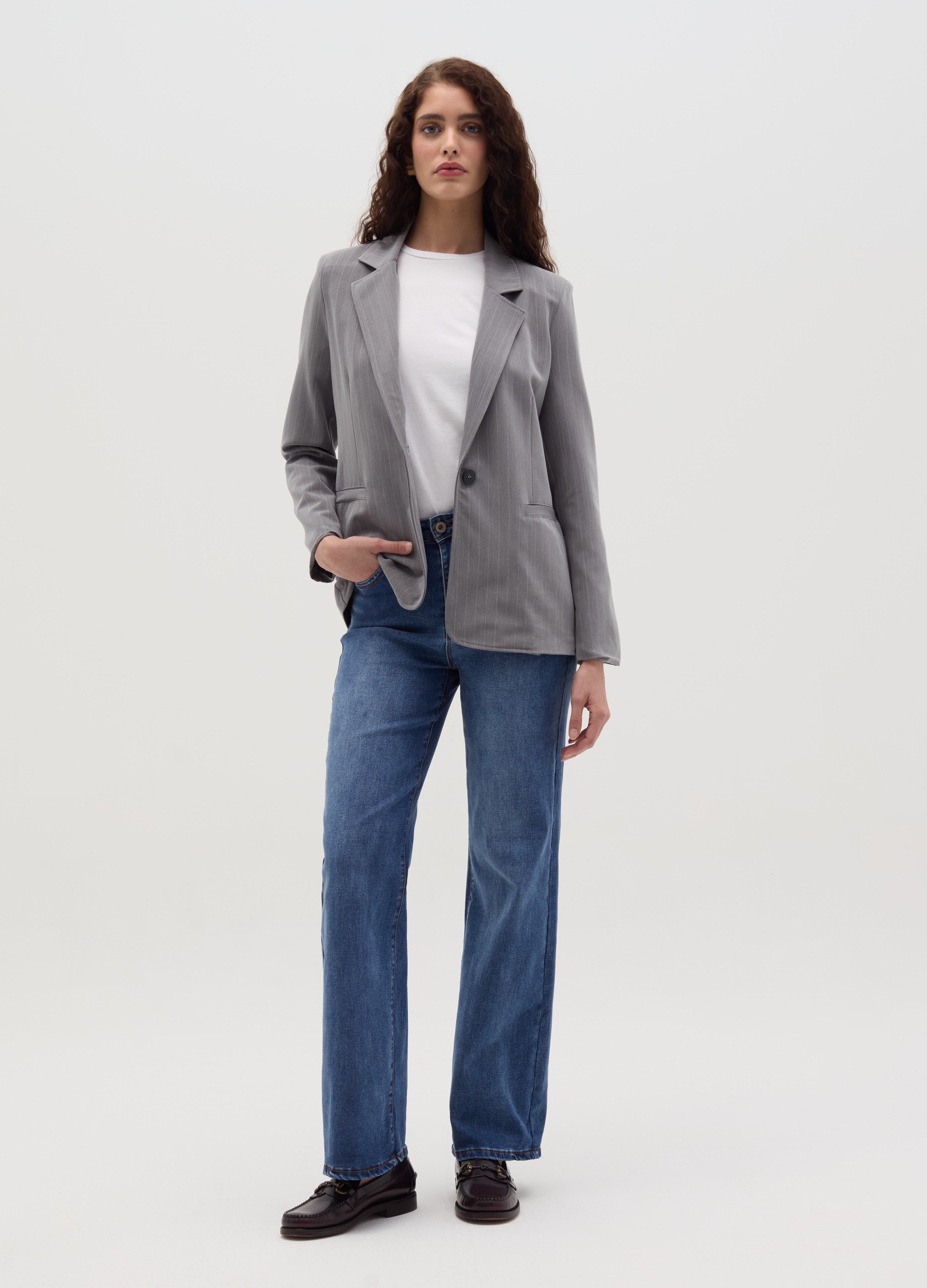 HYBRID, Blazer Monopetto Gessato, Donna, Grigio, Taglia: S