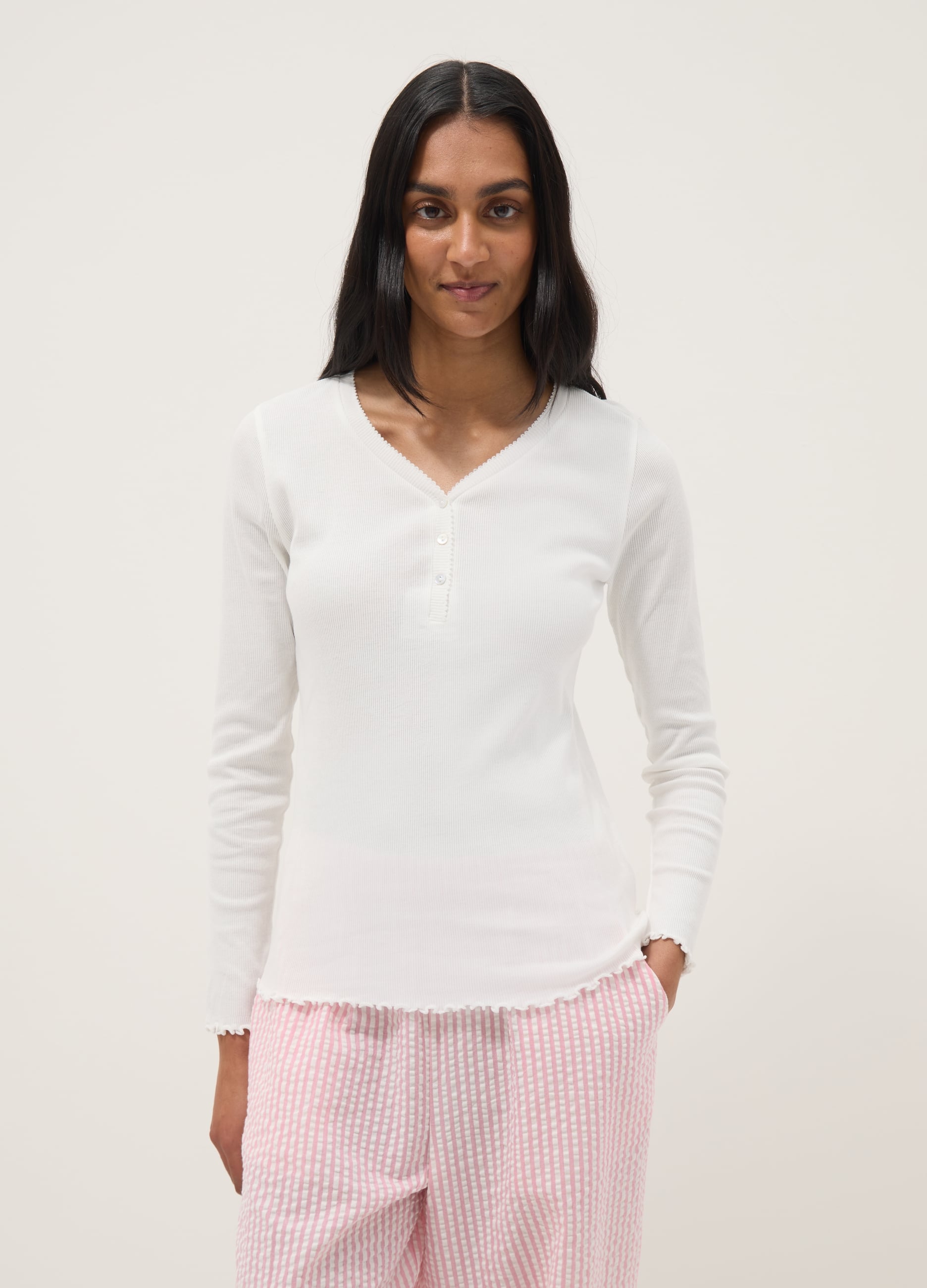 Ovs Donna Bianco Maglia Da Notte In Puro Cotone Bianca Regular Fit Con Collo Serafino, Taglia: L