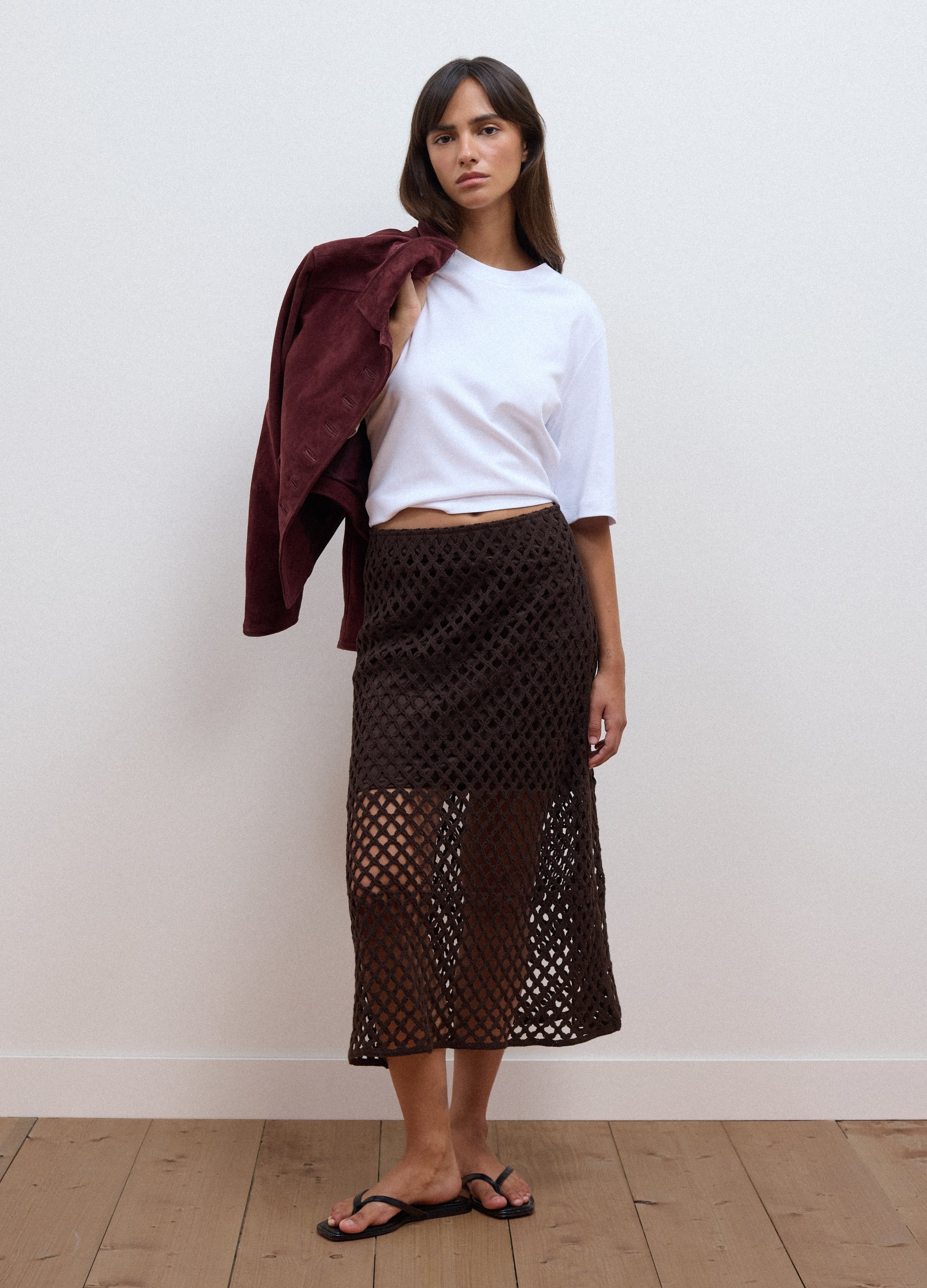 LES COPAINS, Gonna Marrone In Misto Cotone In Crochet, Donna, Marrone, Taglia: S/M