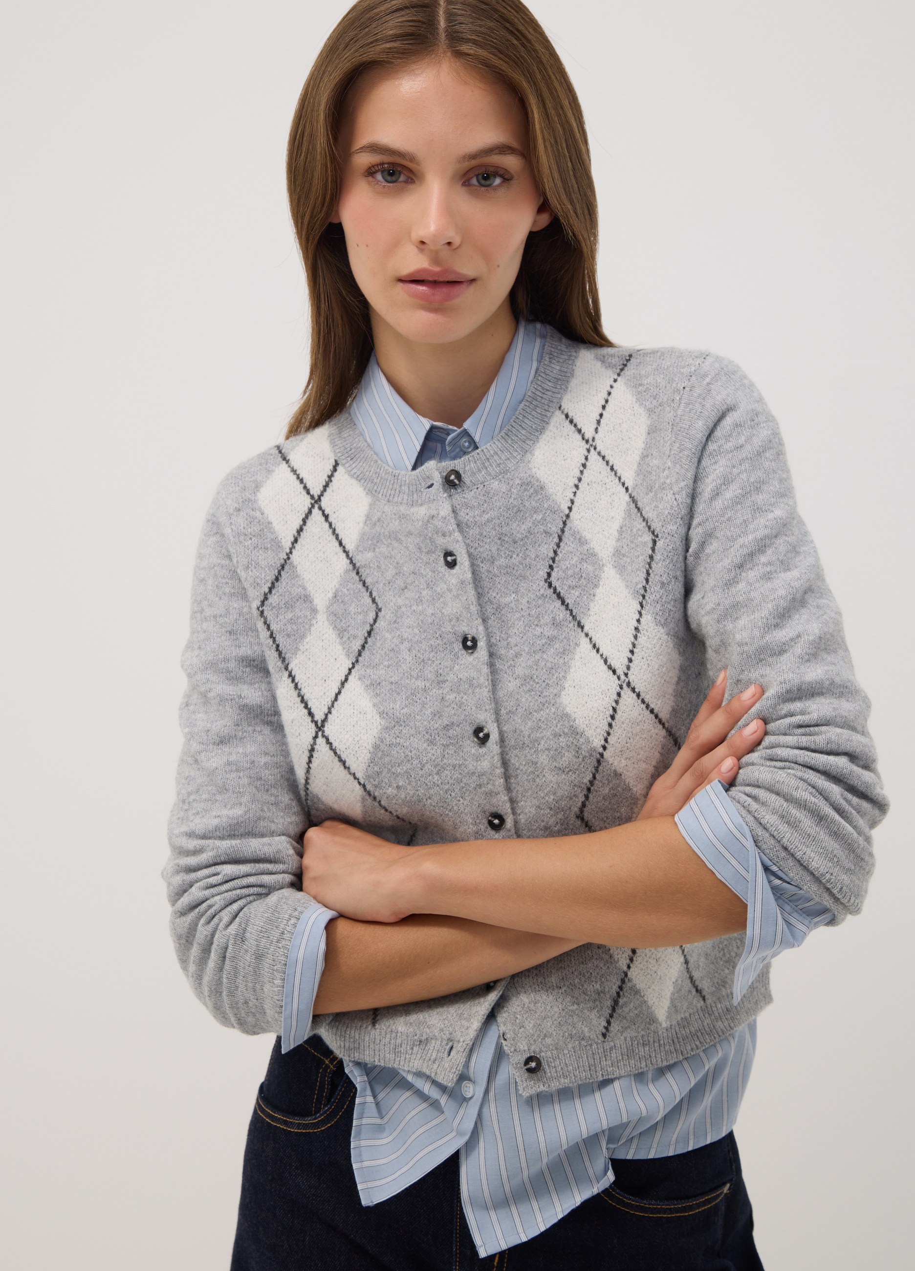 OVS, Cardigan Grigio In Lana Elasticizzata Jacquard Girocollo Regular Fit, Donna, Grigio, Taglia: S