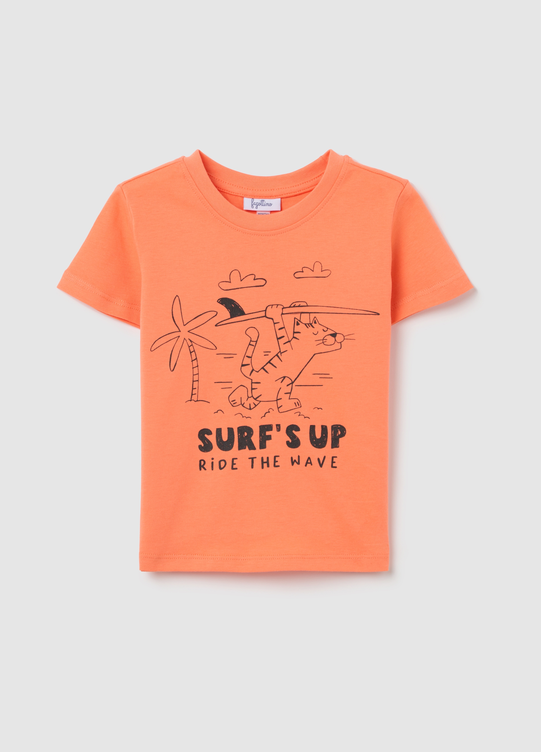 FAGOTTINO, T-shirt In Cotone Con Stampa surf's Up - Ride The Wave, Bambino, Arancione, Taglia: 9-12