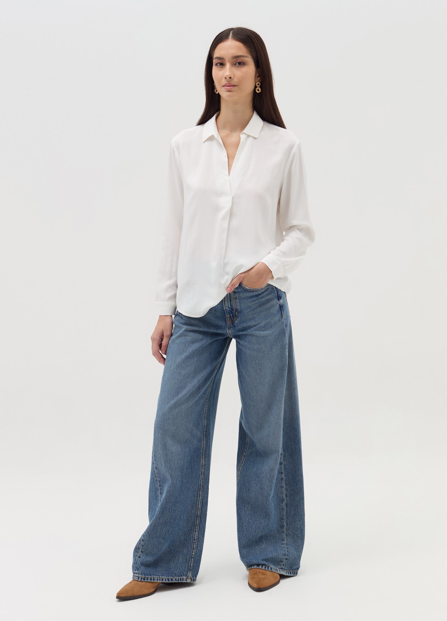 Blusa Con Cuello Tipo Polo Manga Larga, Mujer, Blanco óptico, Talla: 38