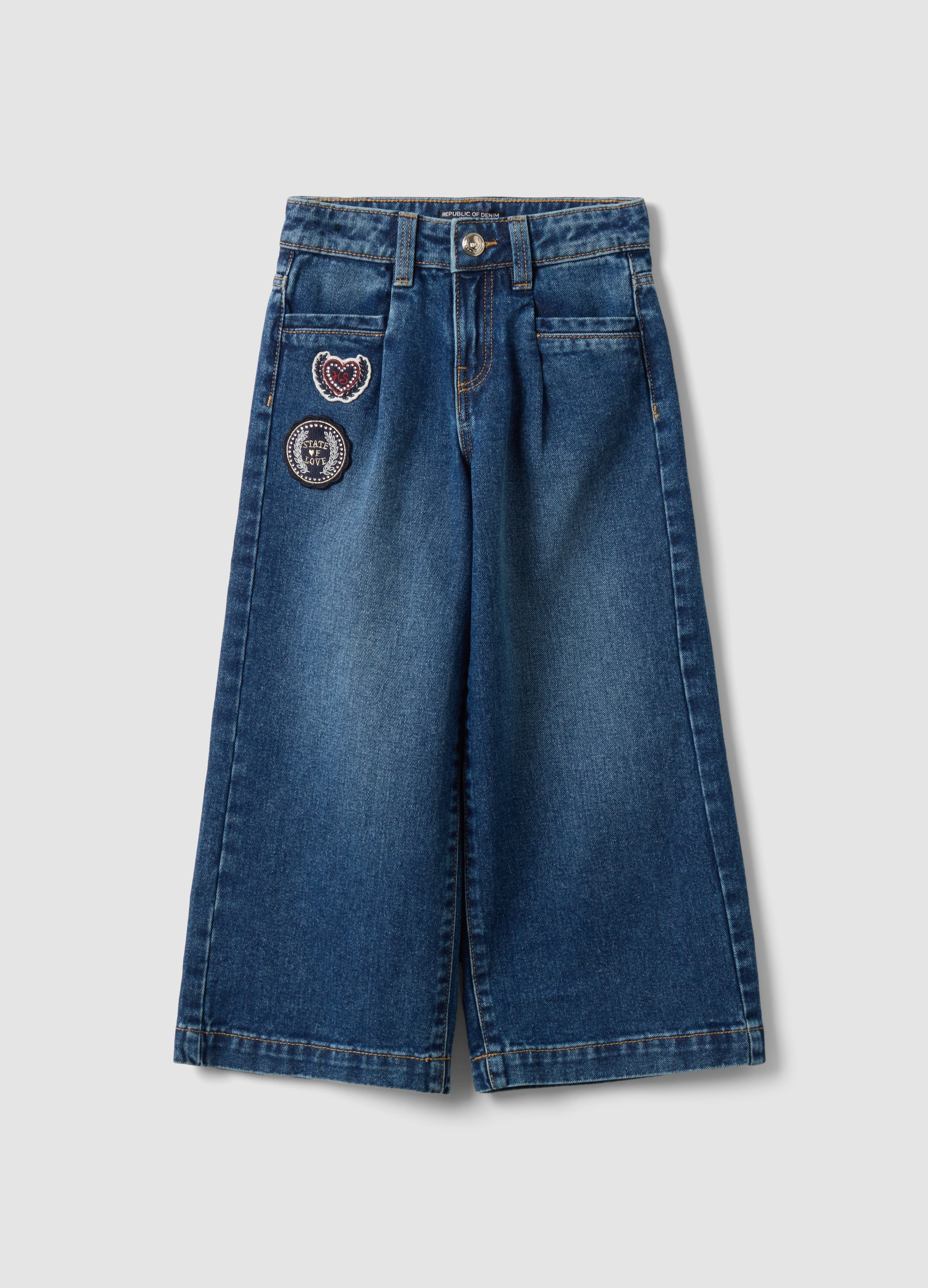 REPUBLIC OF DENIM, Jeans Blu Wide Leg In Puro Cotone Con Patch Per Bambina, Blu, Taglia: 5-6