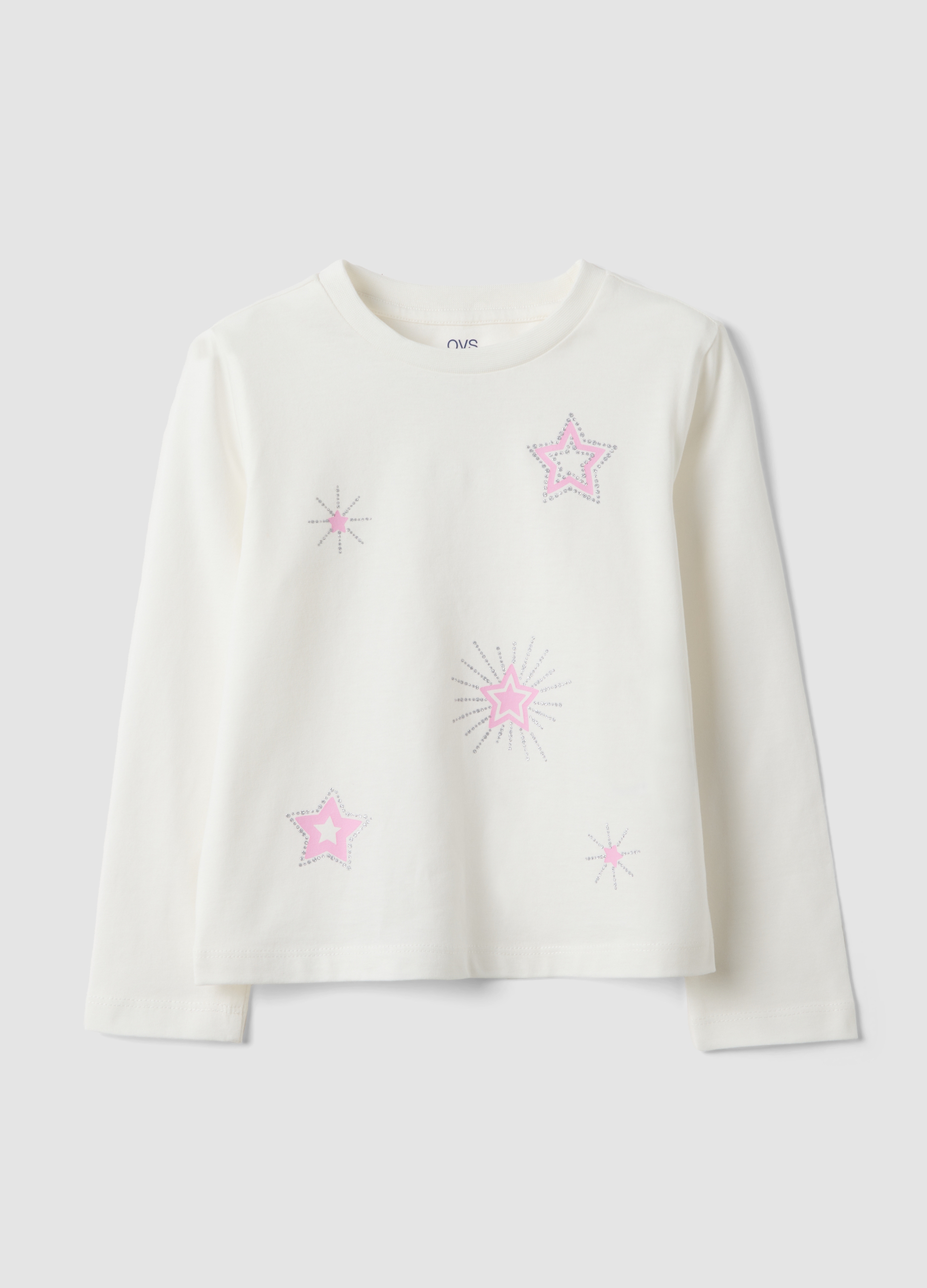 OVS KIDS, T-shirt Bianca In Puro Cotone Organico Con Stampa Stelline Per Bambina, Bianco, Taglia: 4-5
