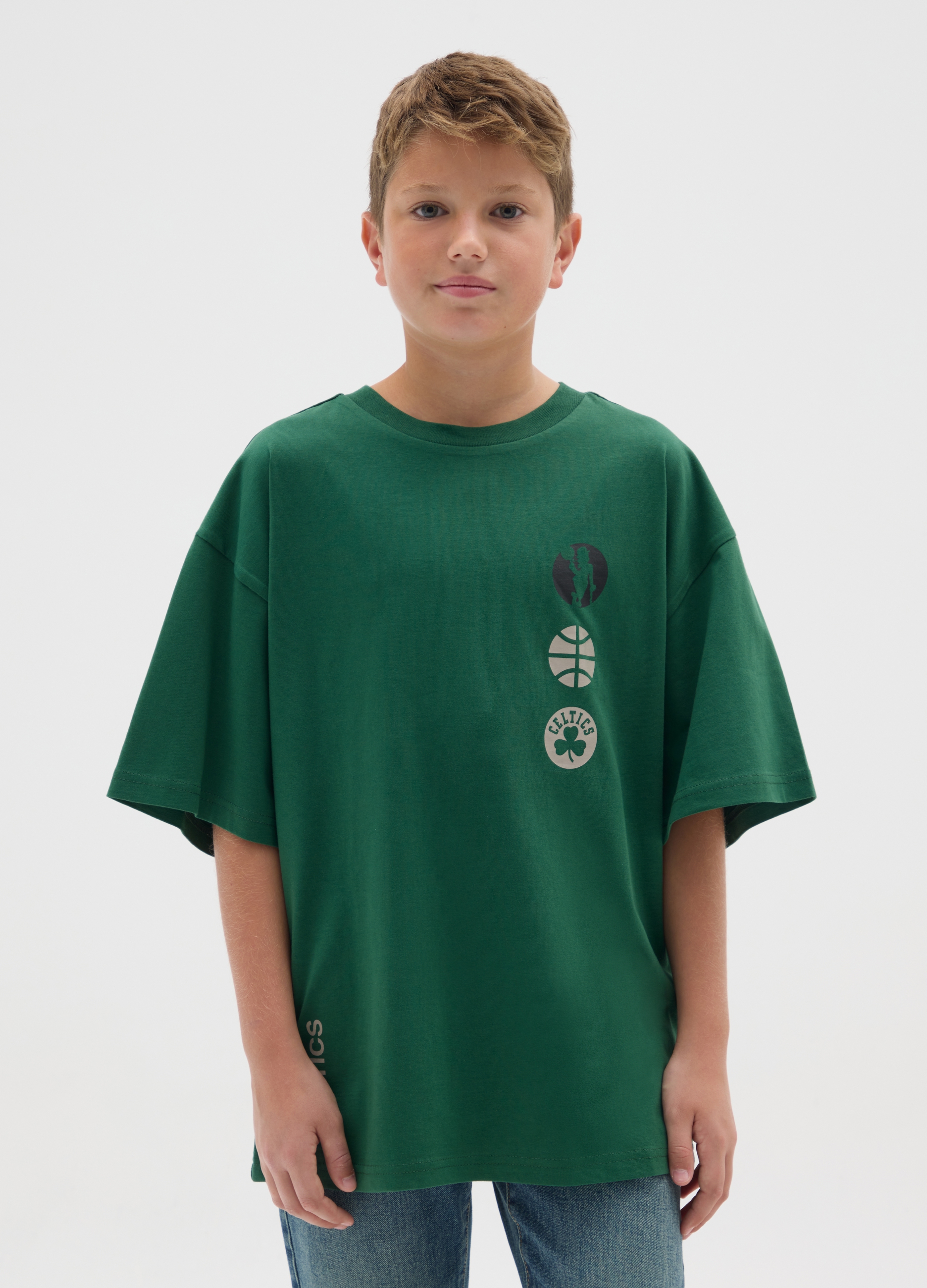 NBA, T-shirt Da Bambino In Puro Cotone Verde Regular Fit Con Stampa Boston Celtics, Verde, Taglia: 10-11