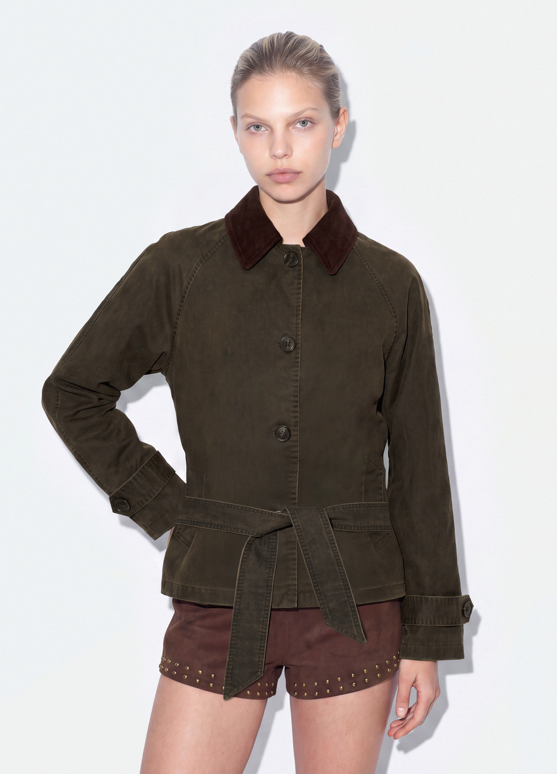 B.ANGEL, Trench Verde In Misto Cotone Con Colletto A Contrasto Regular Fit, Donna, Verde, Taglia: L