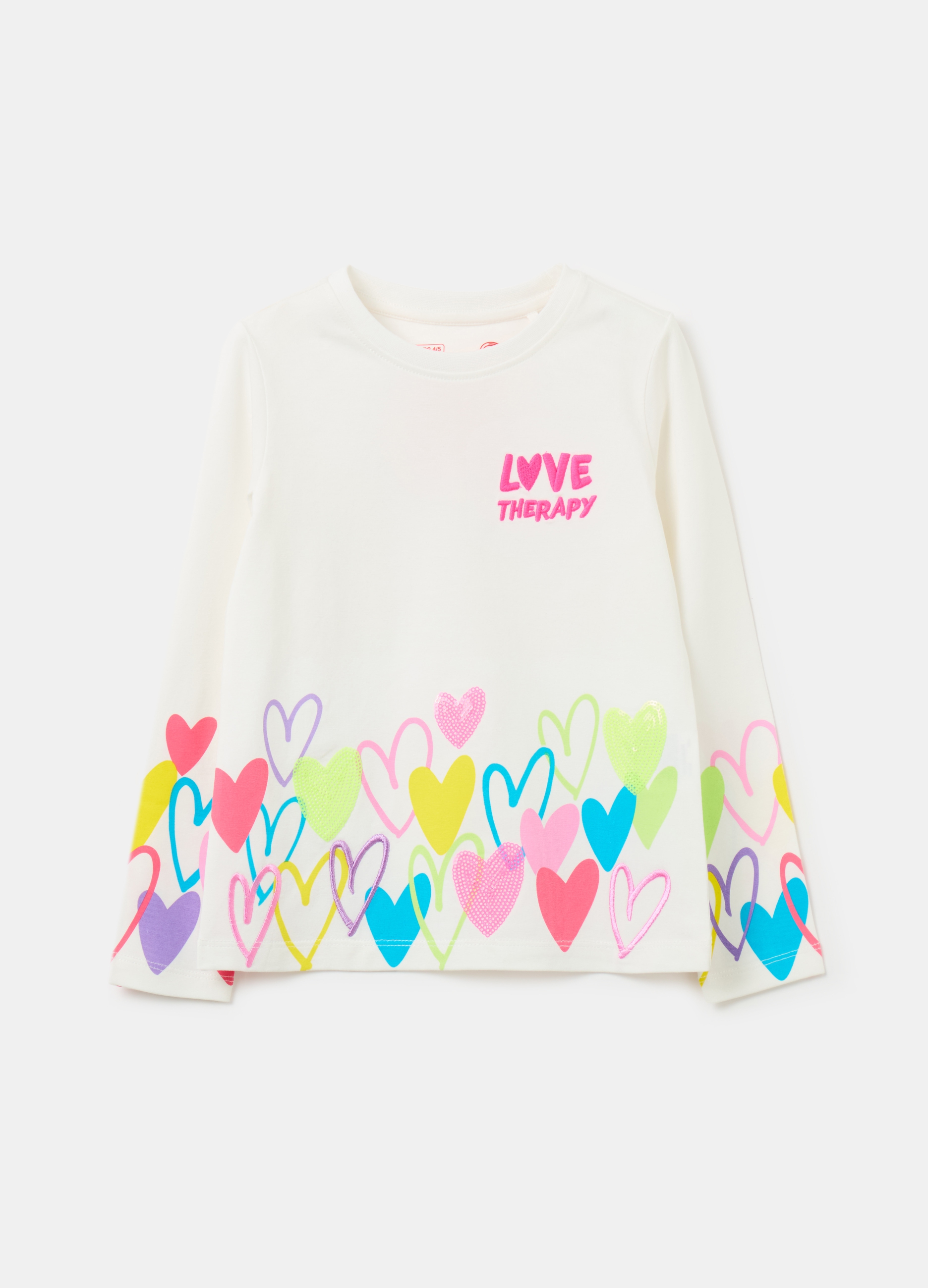 LOVE THERAPY, T-shirt A Maniche Lunghe Con Stampa Cuori, Bambina, Bianco, Taglia: 3-4