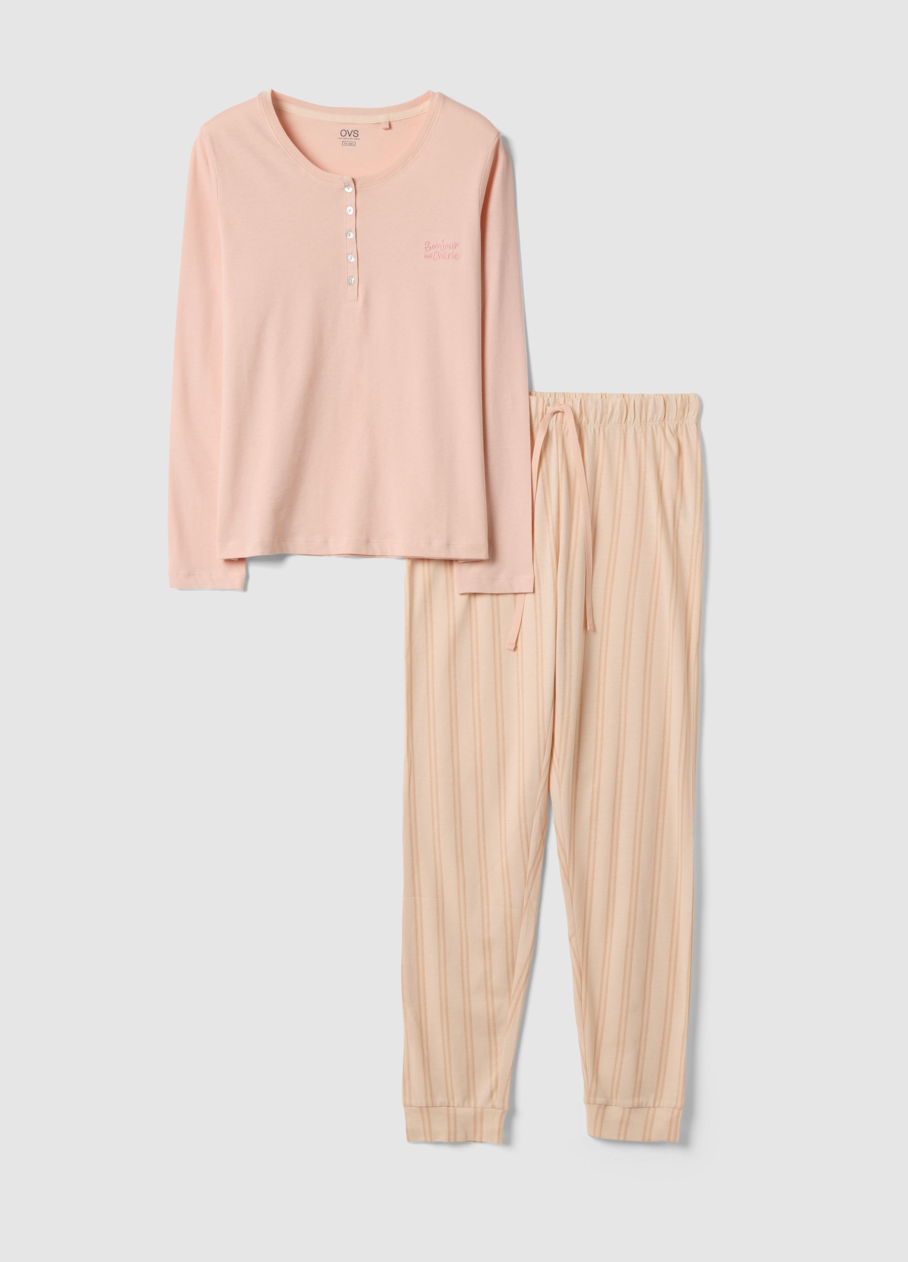 Pijama De Puro Algodón Rosa Con Ajuste Regular Y Escote Serafino, Mujer, Rosa pastel, Talla: M