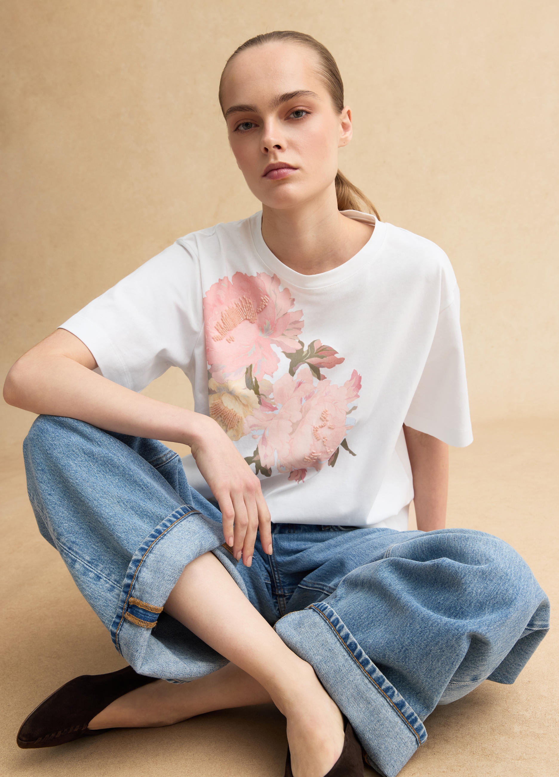 LES COPAINS, Camiseta Multicolor De Algodón Puro Con Estampado Floral En Ajuste Regular, Mujer, Blanco/rosa, Talla: 42