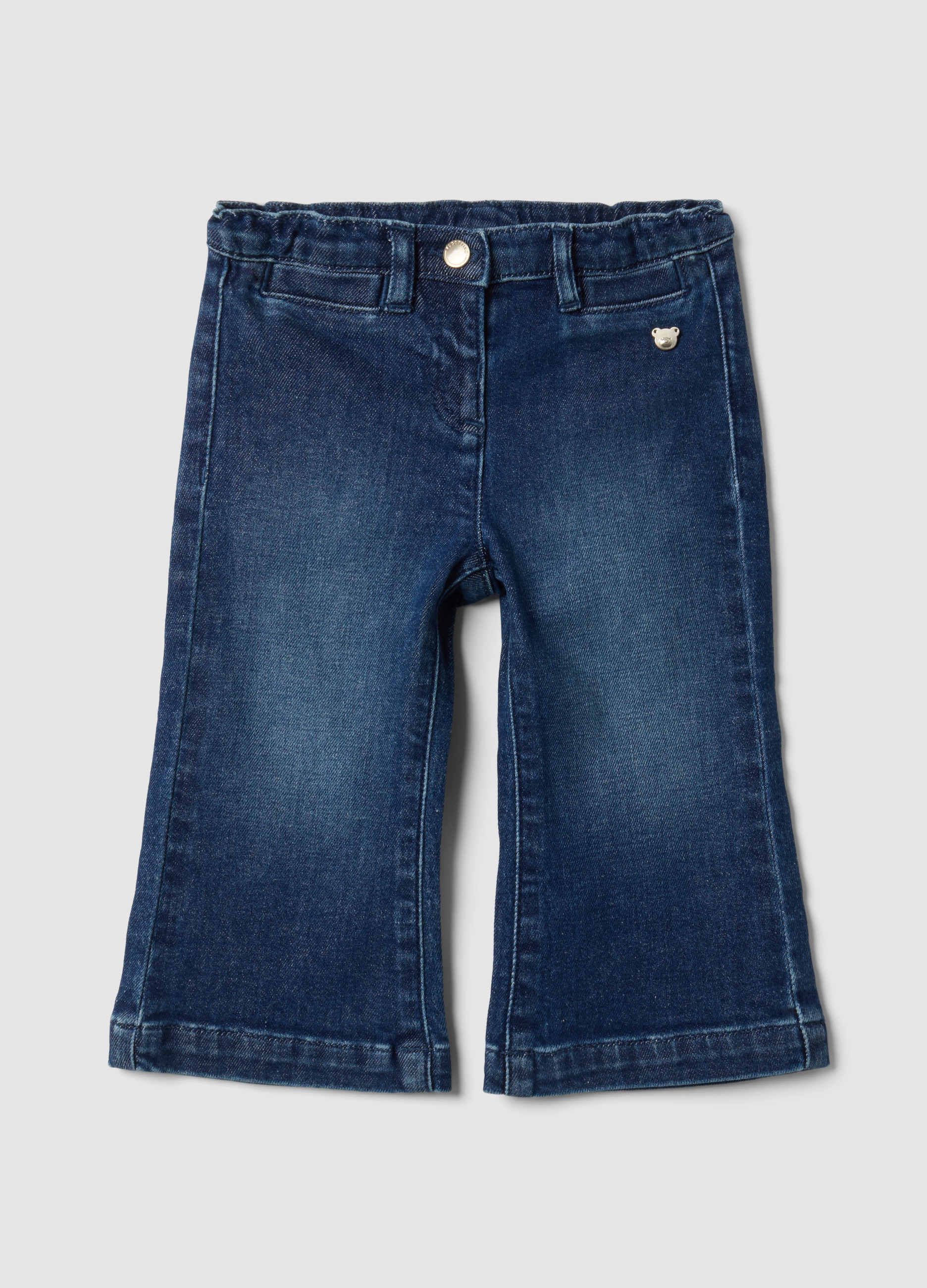 FAGOTTINO, Jeans Flare Blu In Cotone Elasticizzato Con Bottone Orsetto Per Bimba, Bambina, Blu, Taglia: 18-24