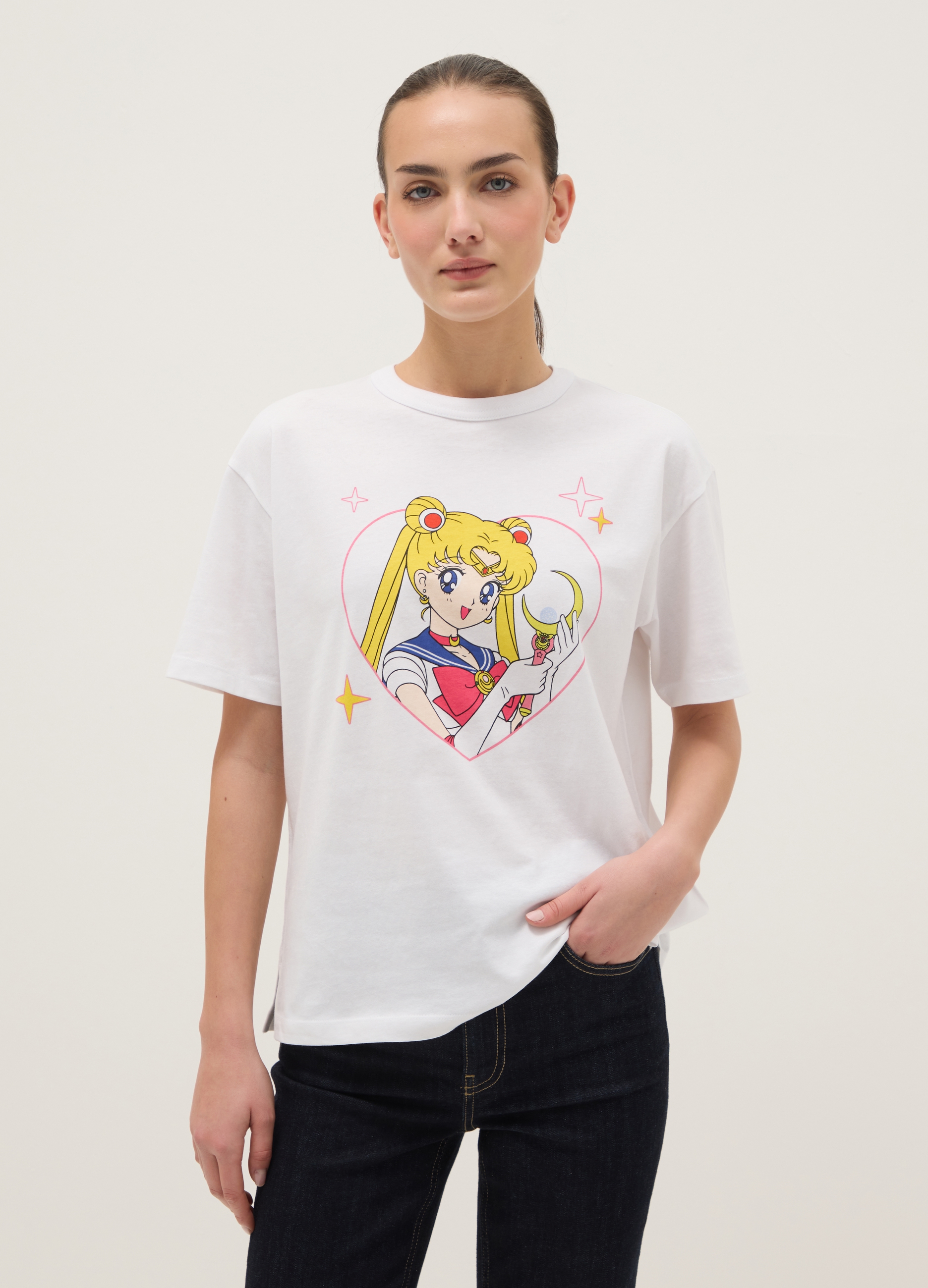 OVS, T-shirt In Puro Cotone Bianca Regular Fit Con Stampa Sailor Moon, Donna, Bianco, Taglia: XL