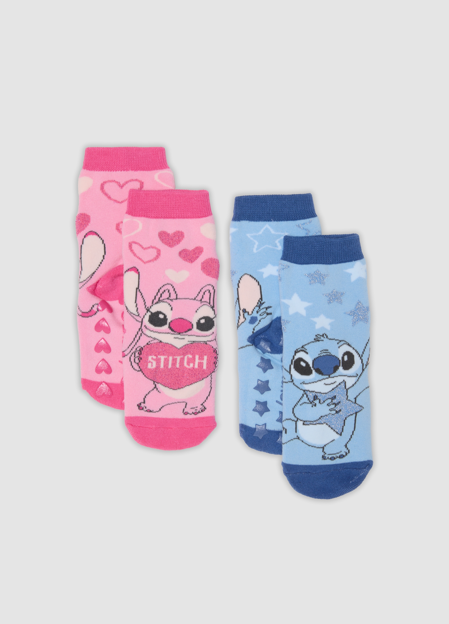 DISNEY, Bipack Calze Antiscivolo Multicolor In Cotone Organico Elasticizzato Con Stampa Stitch, Bambina, Multicolor, Taglia: 28/30