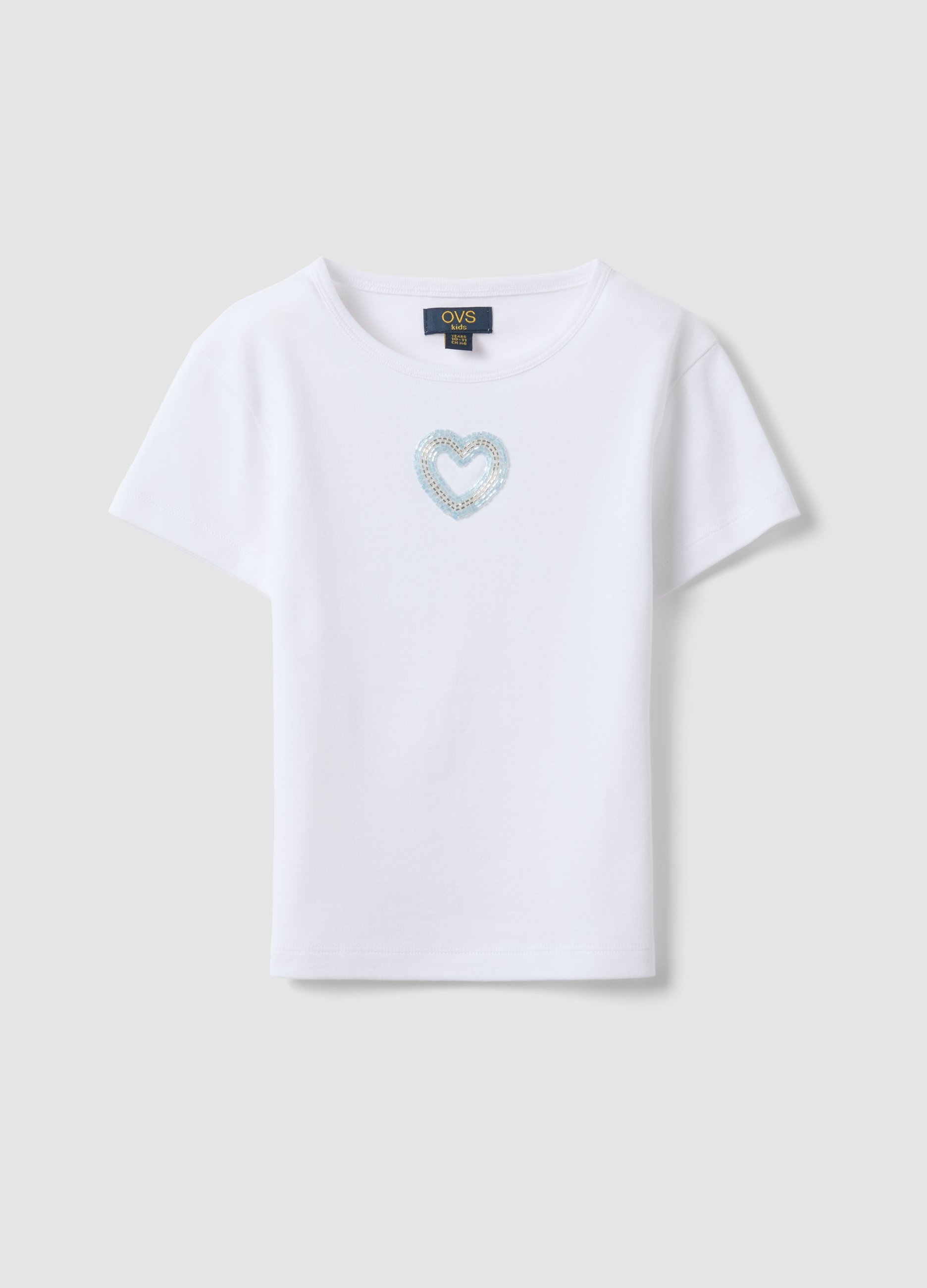 OVS KIDS, Camiseta Blanca De Manga Corta En Puro Algodón Con Corazón Decorativo, Niña, Blanco, Talla: 14-15