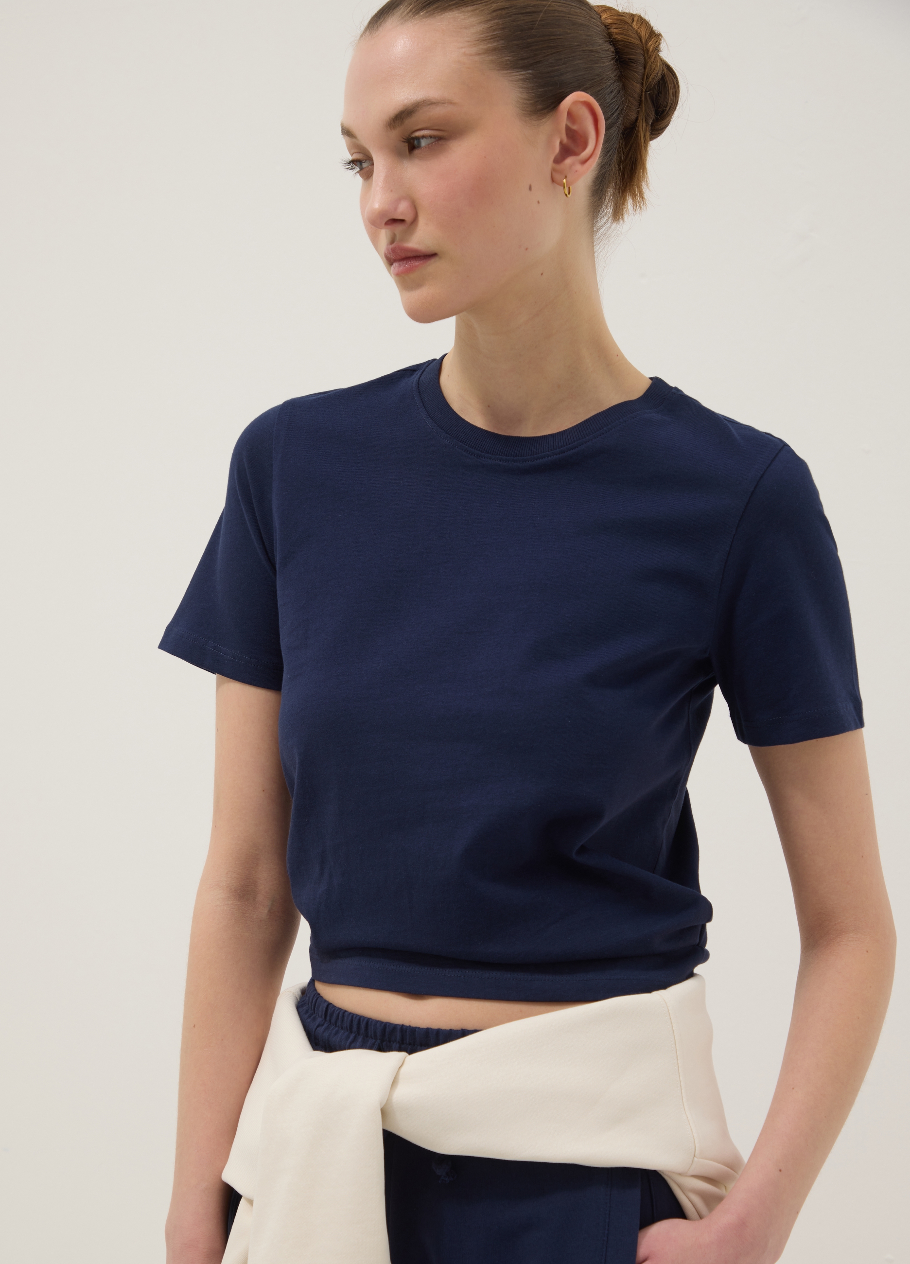 Camiseta Azul De Algodón Puro De Manga Corta, Corte Regular, Mujer, Azul Noche, Talla: 36