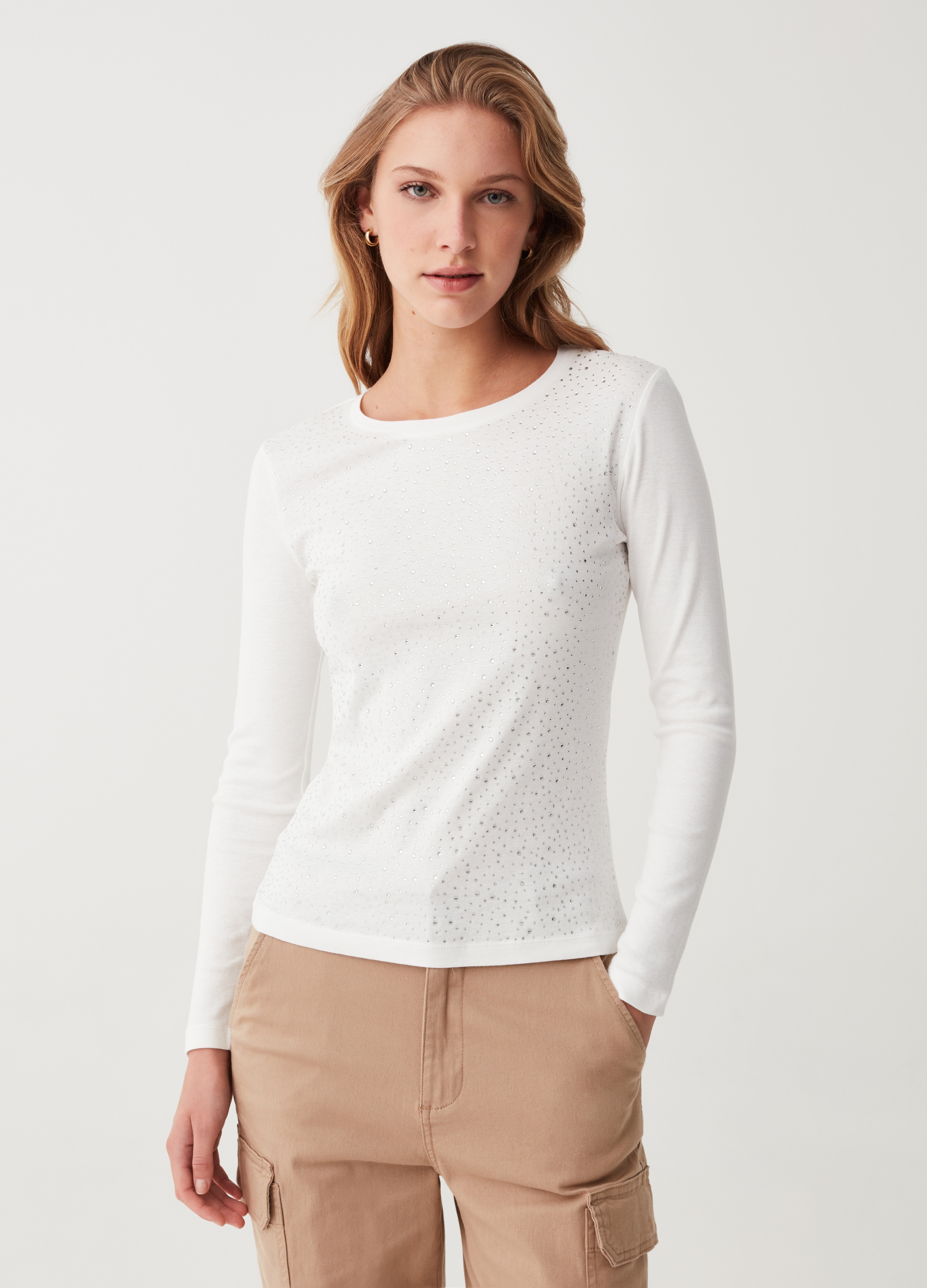 OVS, T-shirt A Maniche Lunghe Con Strass, Donna, Nero, Taglia: XL