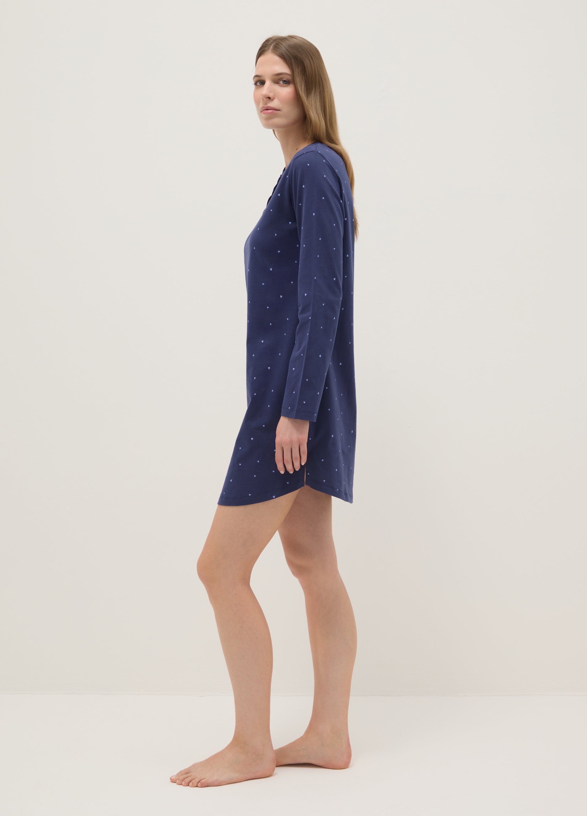 Ovs Donna Blu Camicia Da Notte In Puro Cotone Con Cuoricini E Collo Serafino, Taglia: L