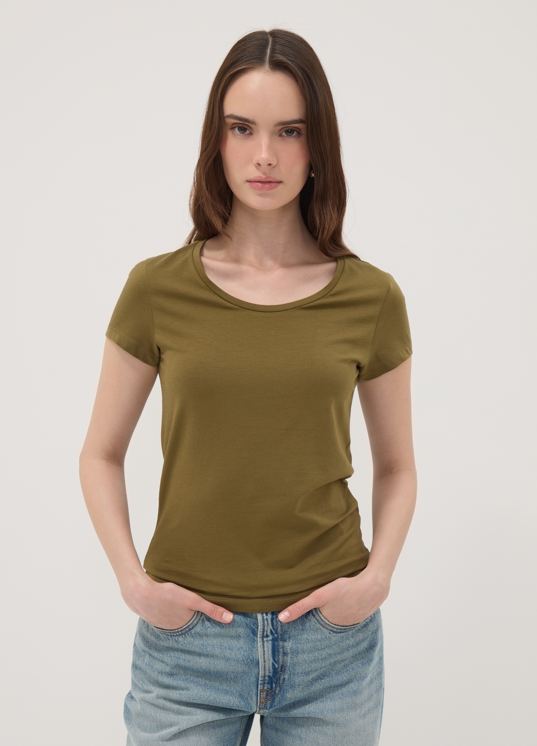 OVS, T-shirt Verde In Cotone Elasticizzato A Girocollo Regular Fit, Donna, Verde, Taglia: XXL