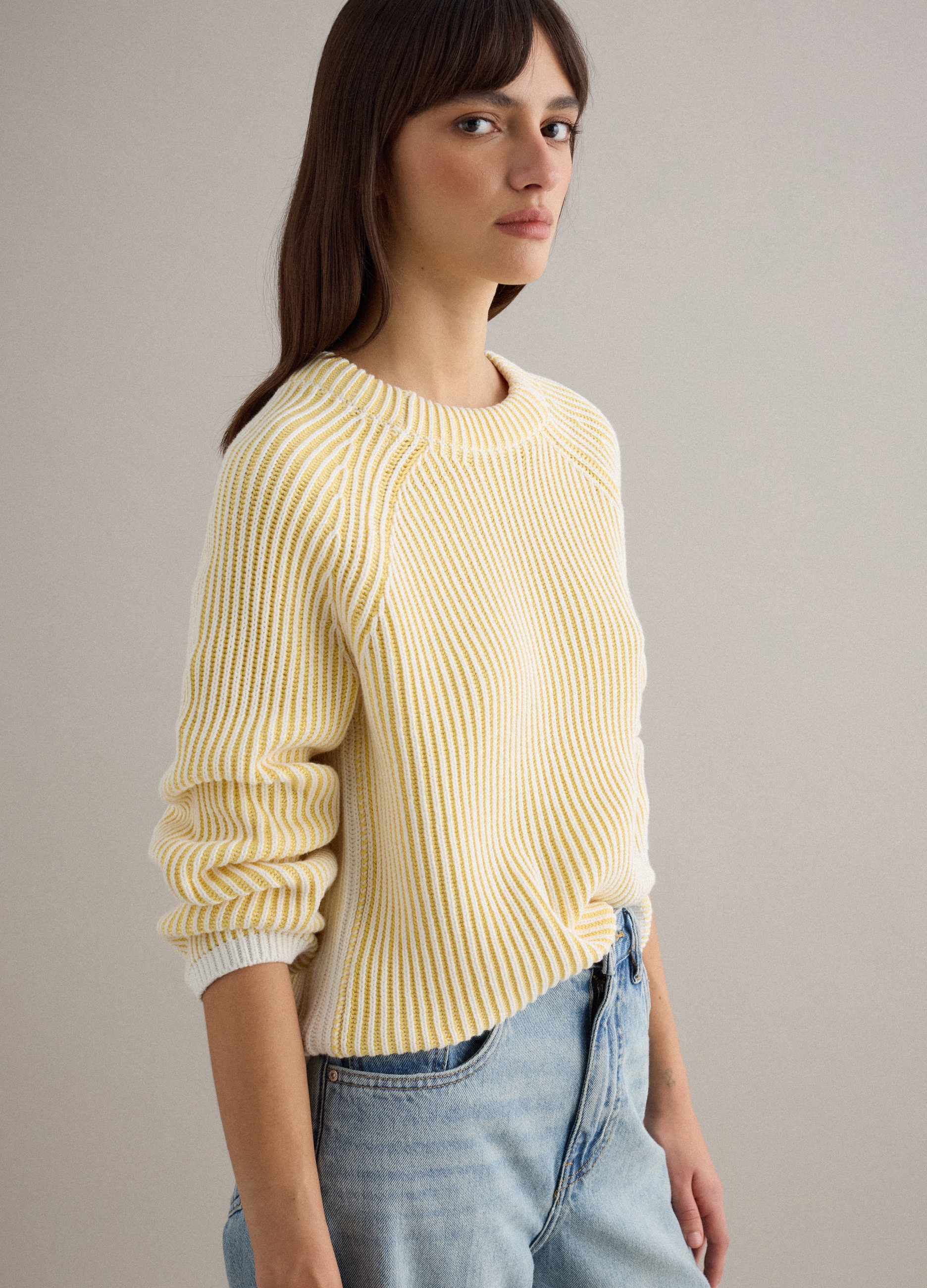 PIOMBO, Jersey De Algodón Puro Con Rayas Multicolores - Ajuste Regular, Mujer, Yellow/White, Talla: 40