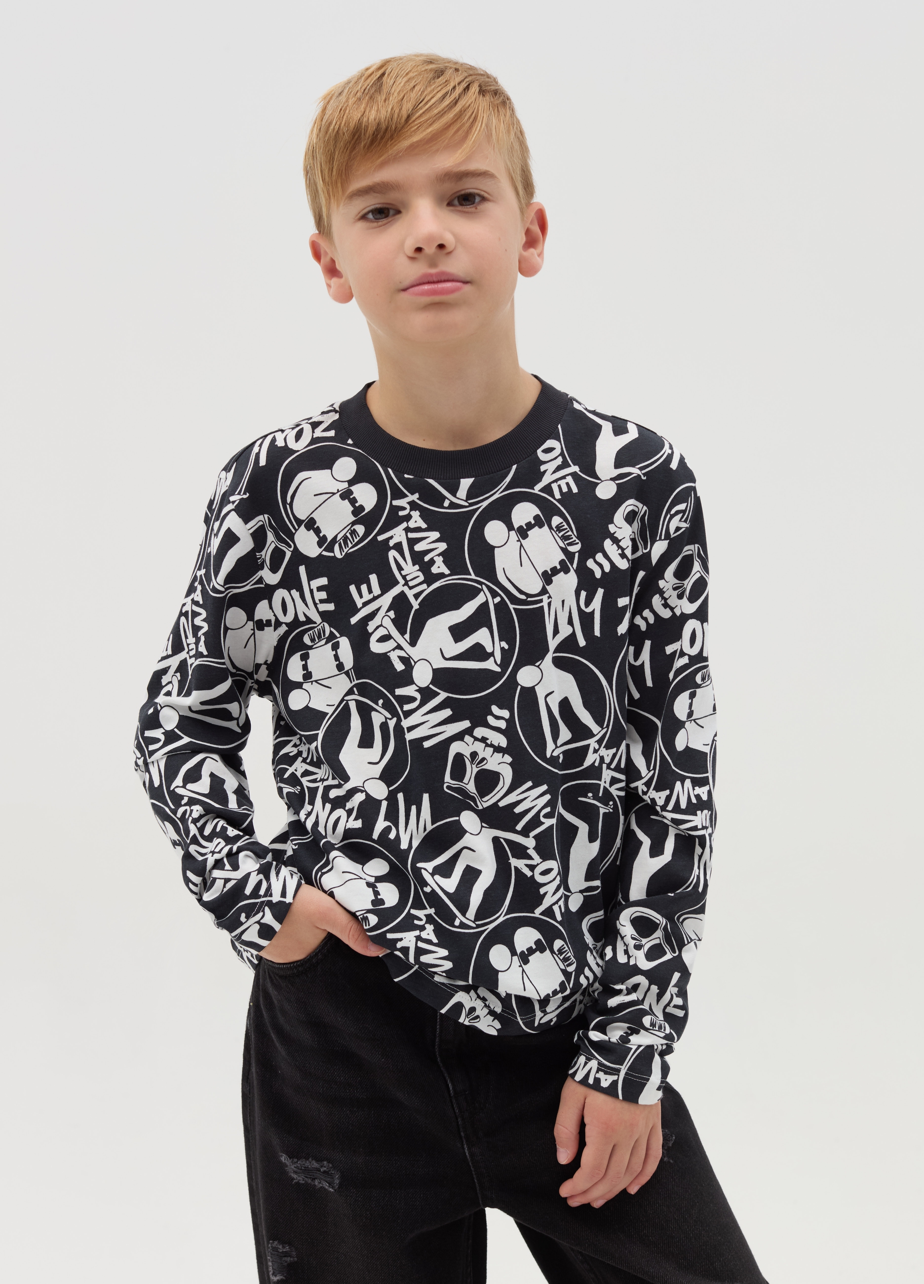 OVS KIDS, T-shirt A Maniche Lunghe Con Stampa All-over, Bambino, Nero, Taglia: 14-15