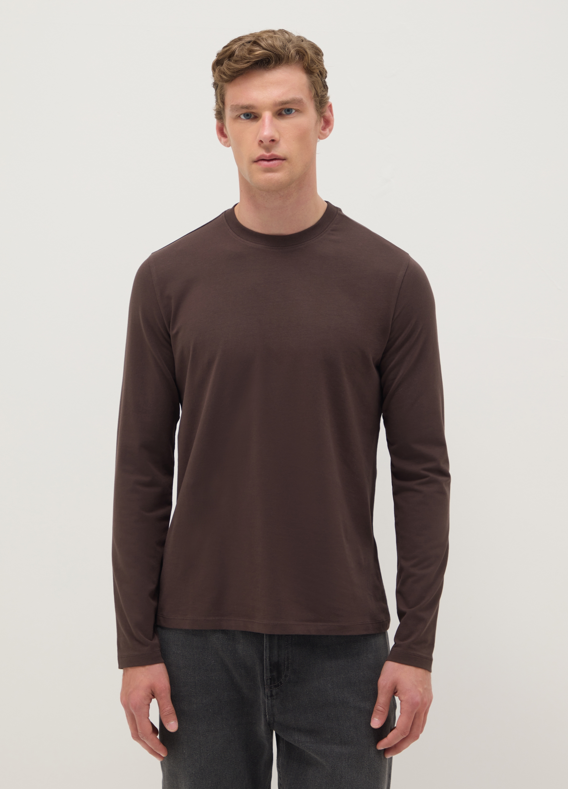 Camiseta Marrón De Manga Larga En Algodón Elástico De Ajuste Regular, Hombre, Marrón oscuro, Talla: XL