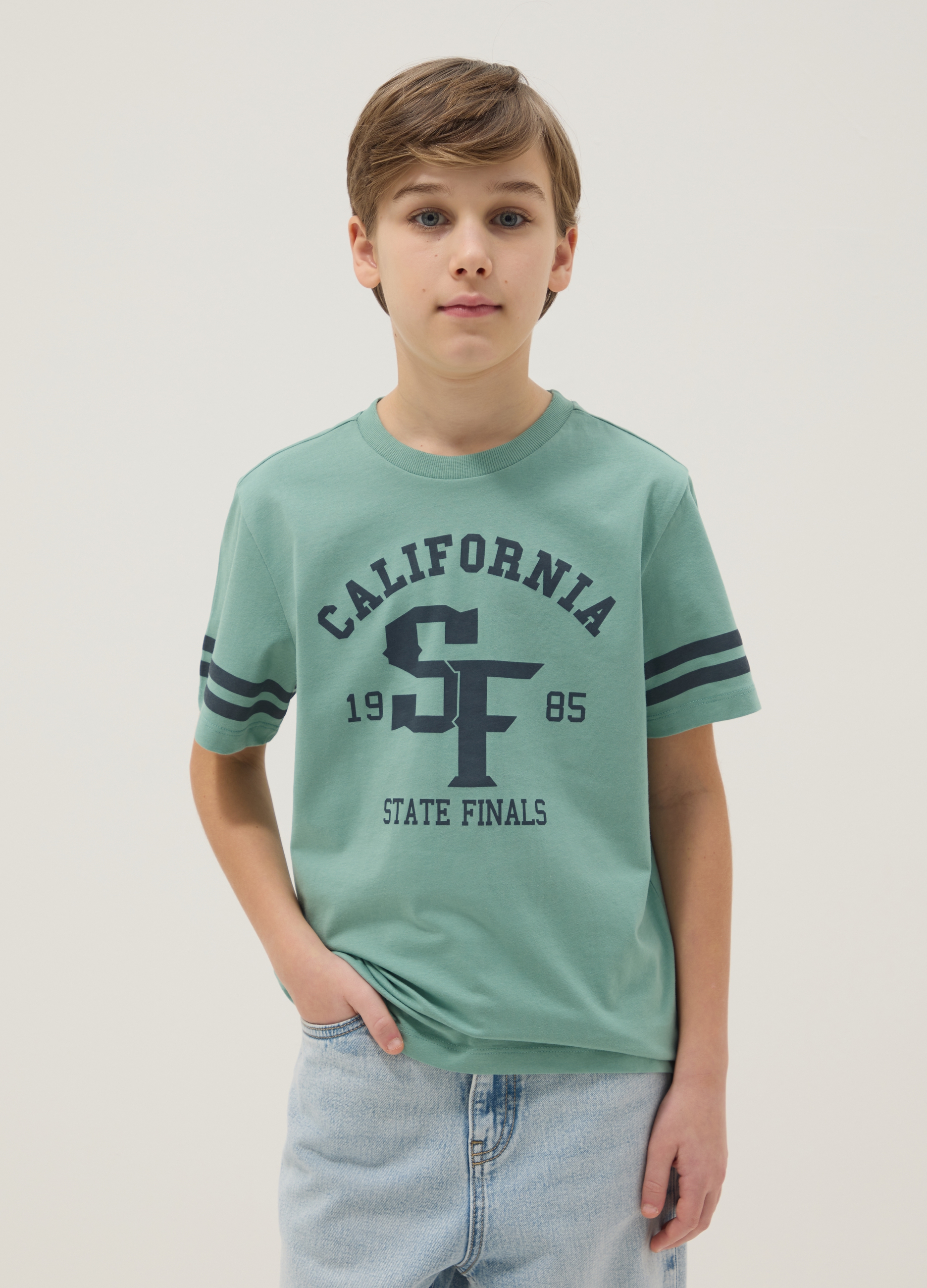 OVS KIDS, Camiseta Verde De Algodón Puro Para Chico Con Detalles Gráficos, Corte Regular, Niño, Verde agua, Talla: 14-15