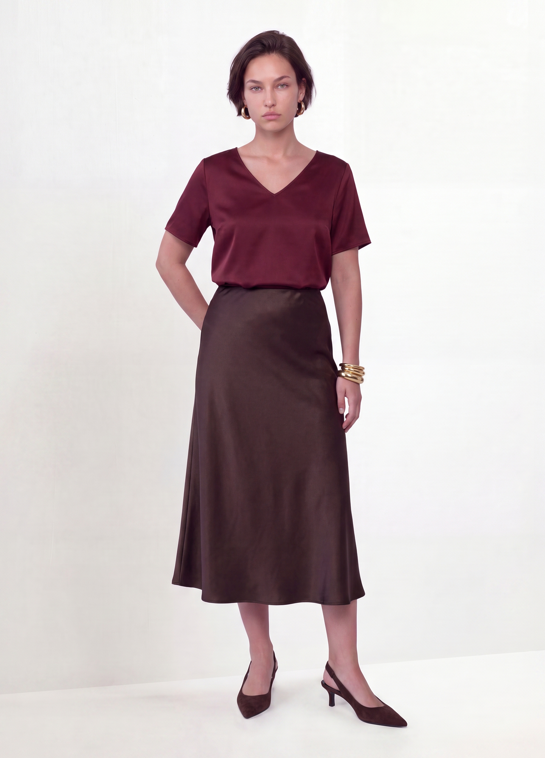 MYA, Gonna Midi Marrone Satinata In Tessuto Elasticizzato, Donna, Marrone, Taglia: M
