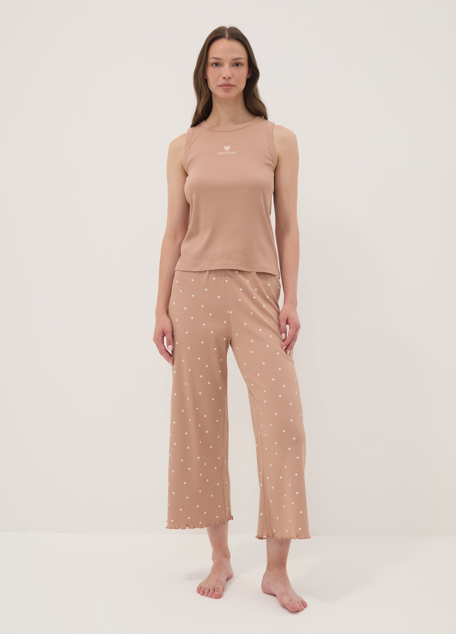 OVS, Pigiama Marrone In Puro Cotone Organico Con Top Smanicato E Pantaloni Stampati, Donna, Marrone, Taglia: L