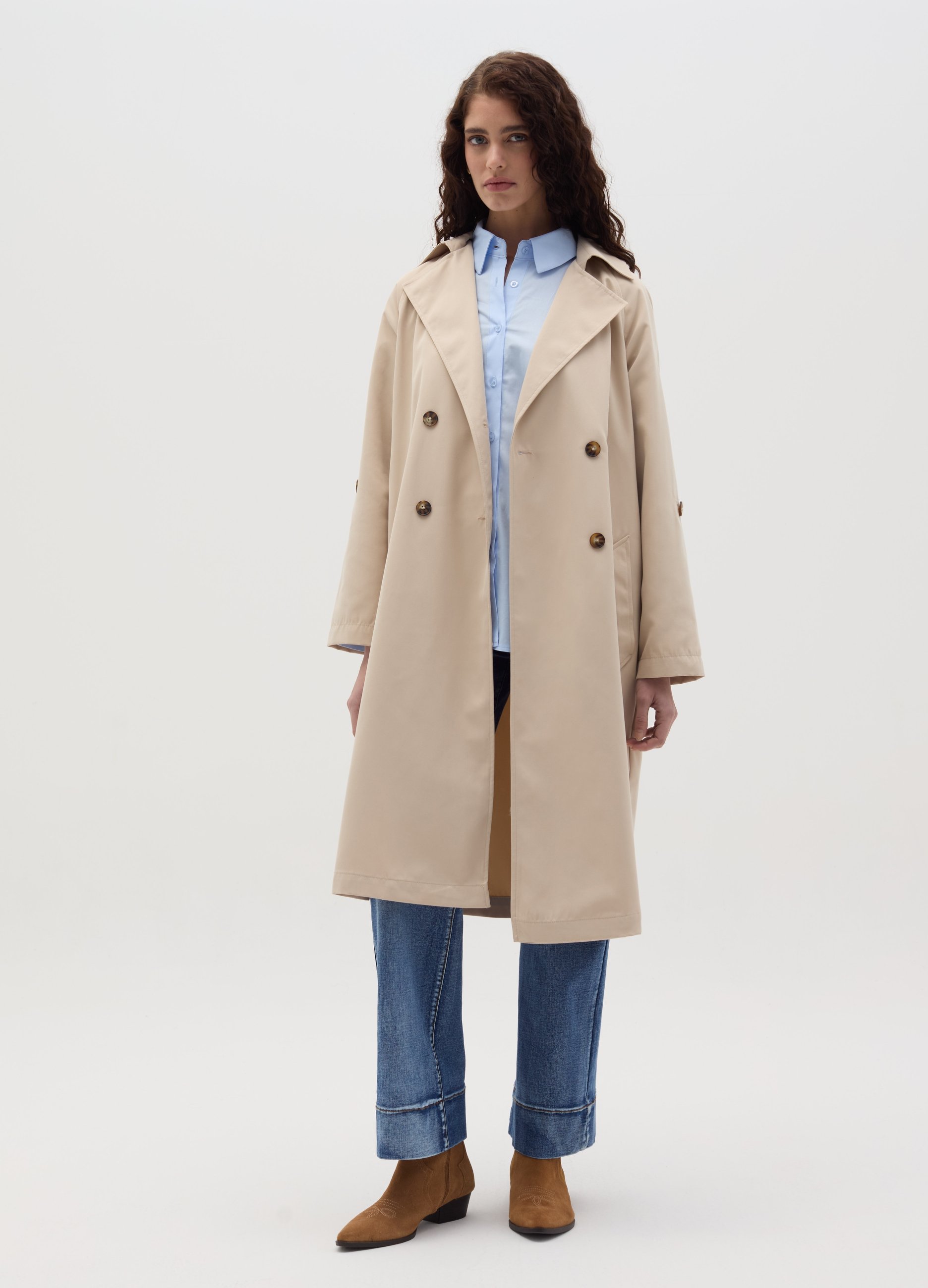 HYBRID, Trench Doppiopetto Con Bottoni E Cintura, Donna, Beige, Taglia: S