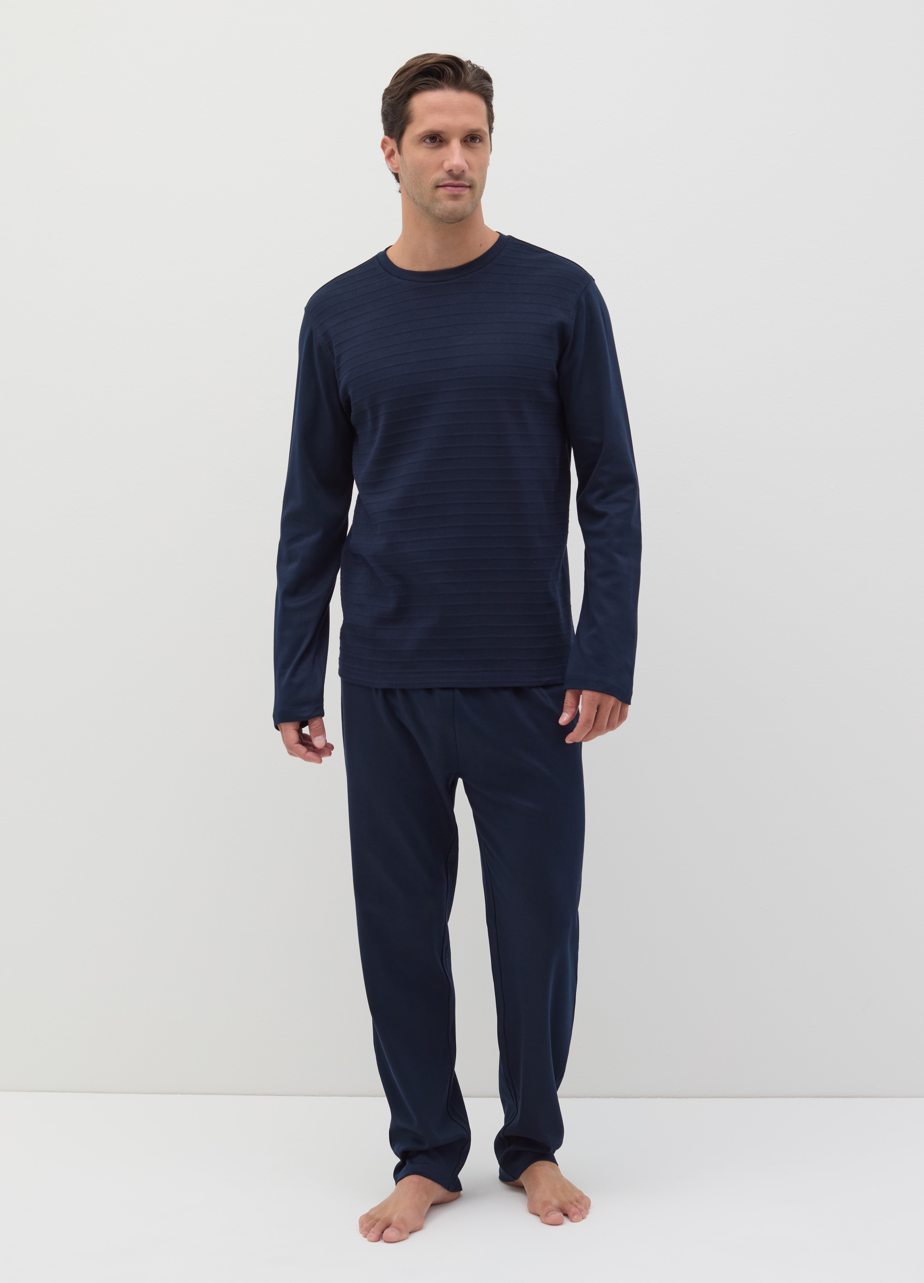 Pijama Largo Parte De Arriba Con Estampado De Rayas, Hombre, Azul Noche, Talla: XL