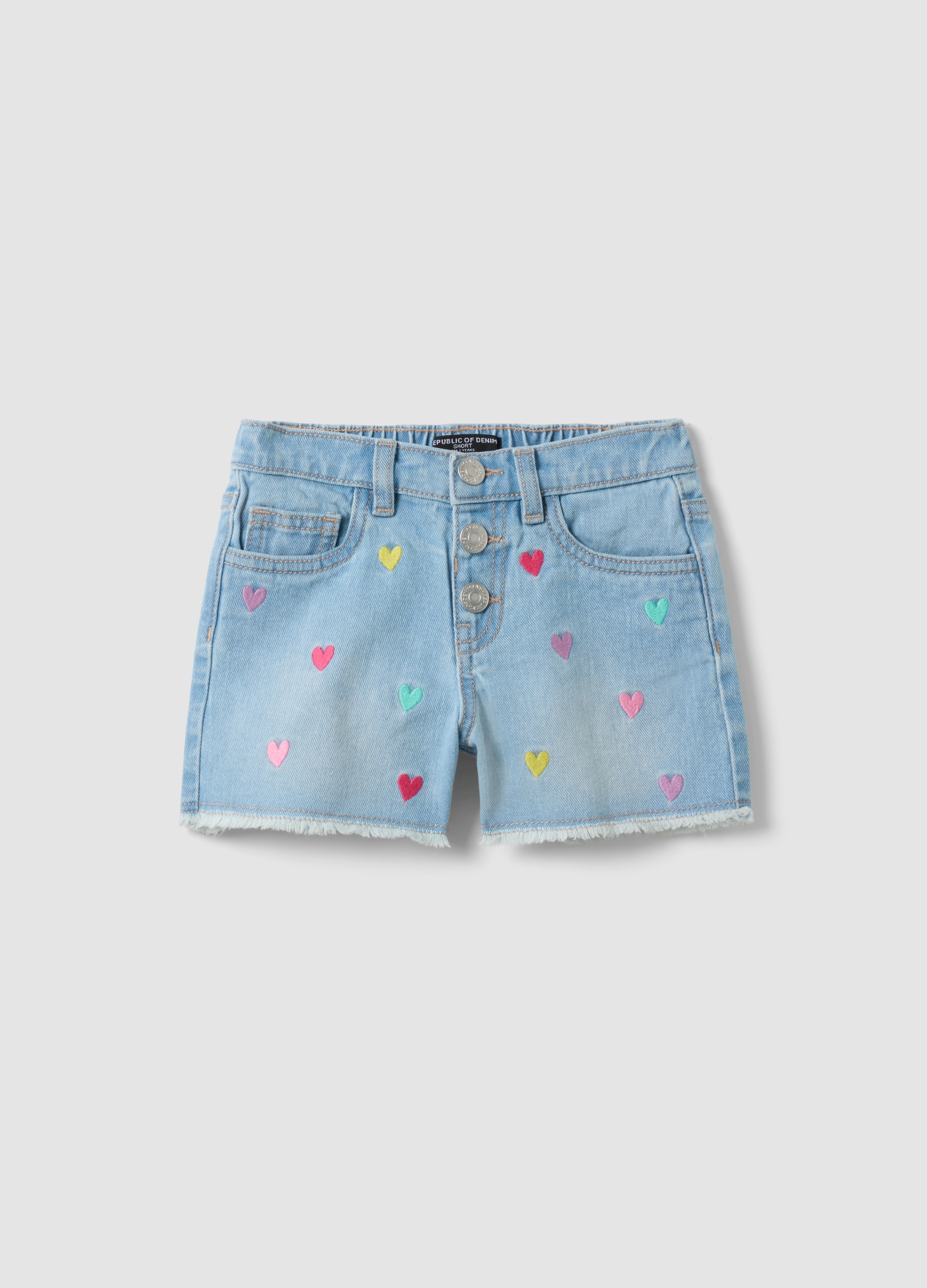 REPUBLIC OF DENIM, Short Vaquero Azul Claro De Algodón 100 % Con Corazones Bordados Para Niña, Niña, Azul Claro, Talla: 7-8