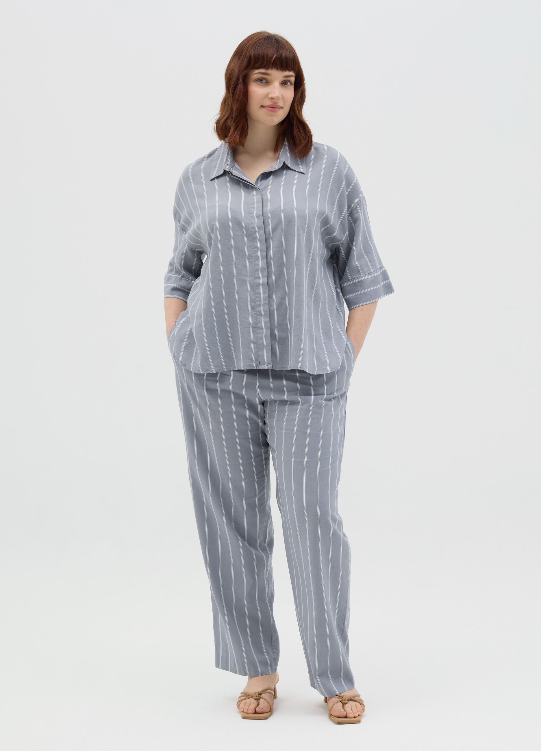 OVS, Pantalone A Gamba Larga In Lino E Viscosa Curvy, Donna, Grigio, Taglia: S