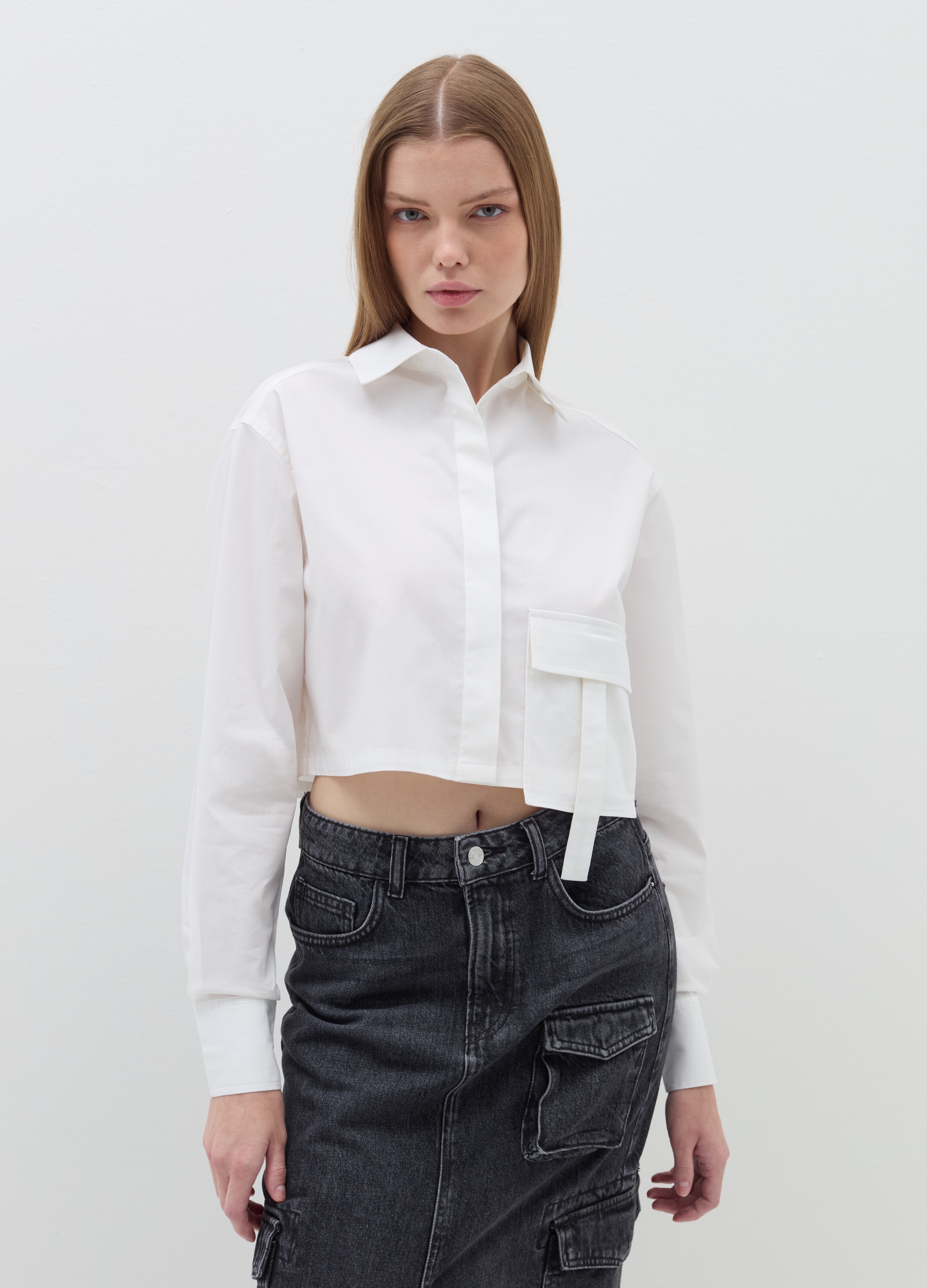 B.ANGEL, Camicia Crop Con Tasca, Donna, Bianco, Taglia: L