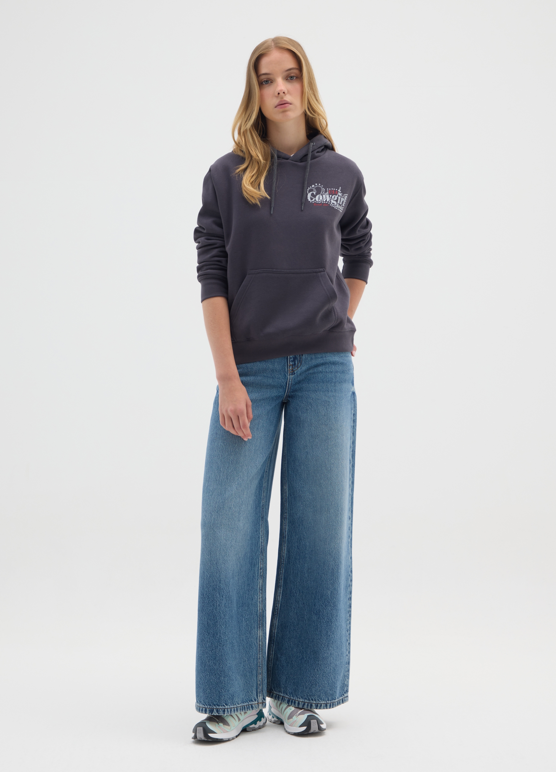 E-TEES, Felpa In Misto Cotone Nero Regular Fit, Donna, Nero, Taglia: L