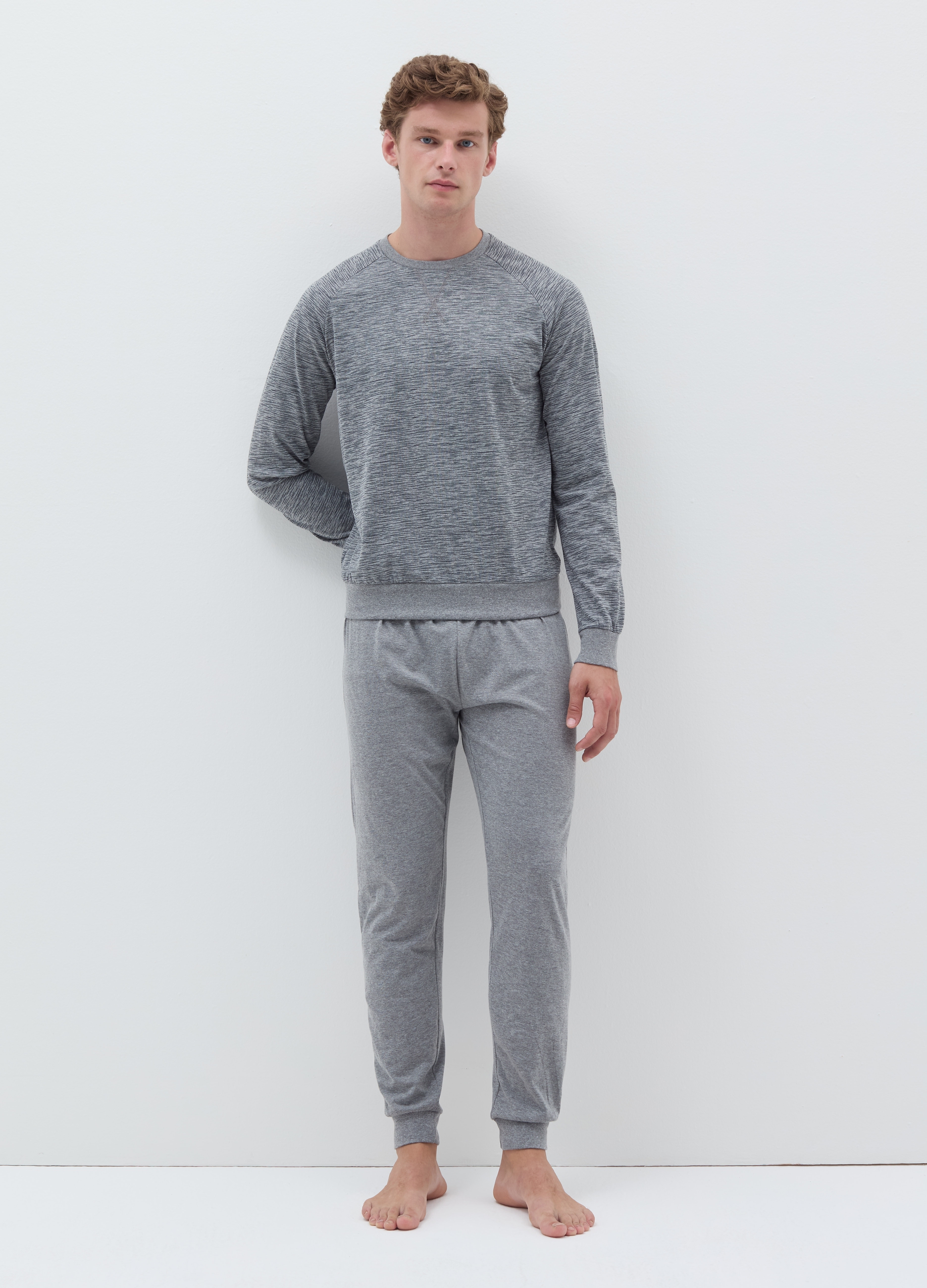 Pijama Largo Parte De Arriba Con Efecto Flameado, Hombre, Gris jaspeado, Talla: S