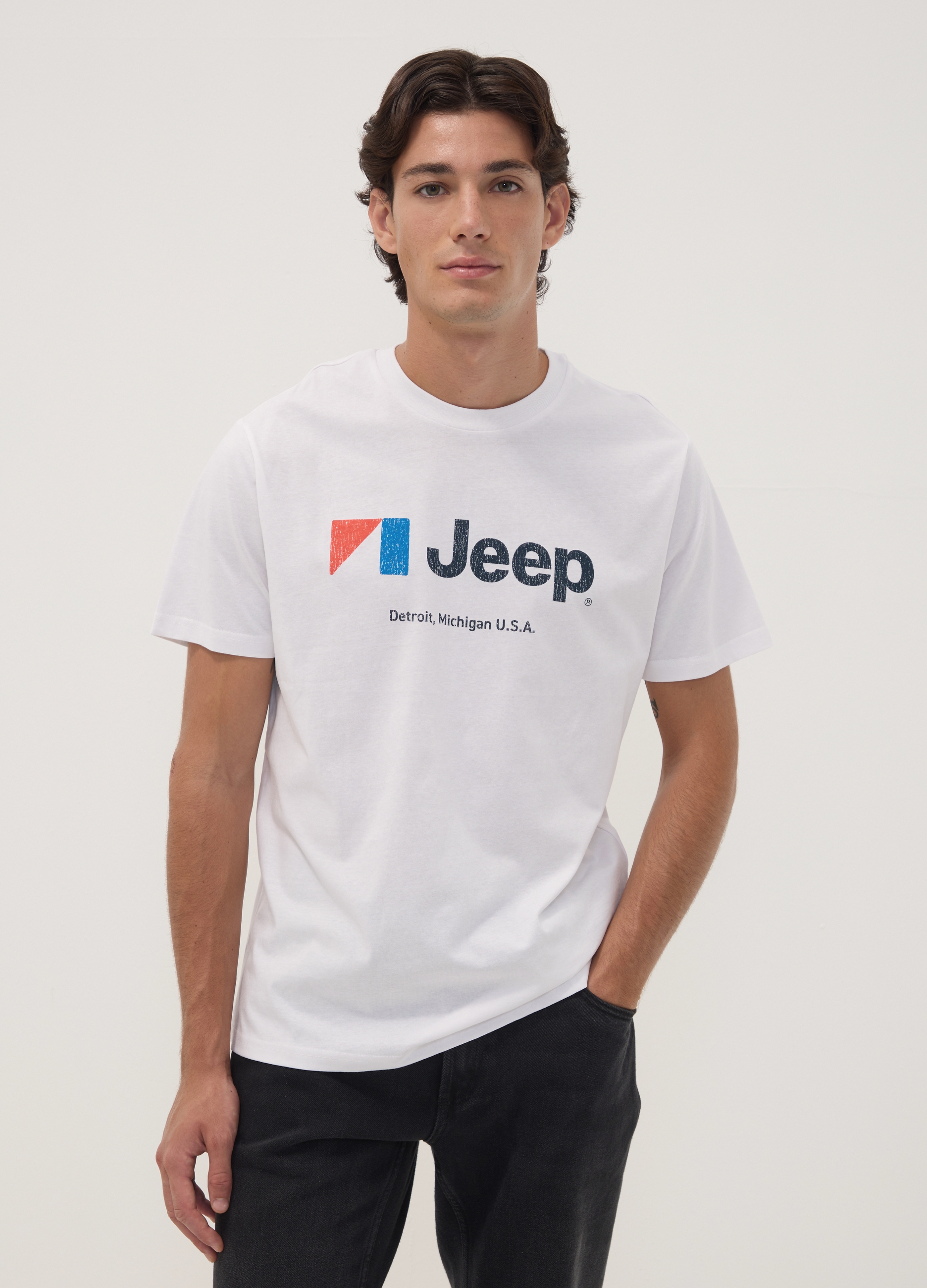 JEEP, T-shirt Bianca In Puro Cotone Girocollo Con Stampa Jeep, Uomo, Bianco, Taglia: XL