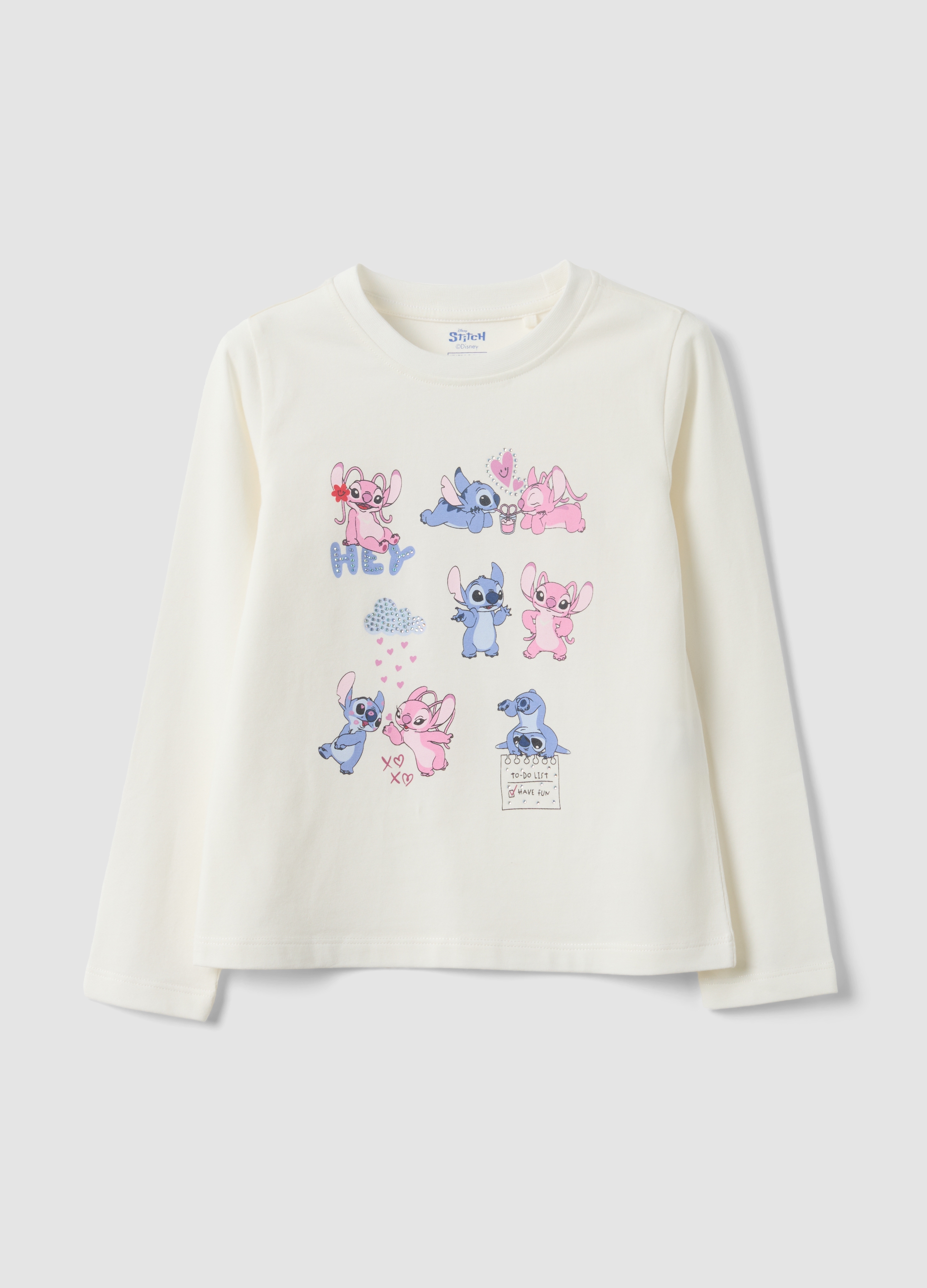 DISNEY, T-shirt Bianca In Cotone Elasticizzato Con Stampa Di Lilo & Stitch Regular Fit, Bambina, Bianco, Taglia: 6-7