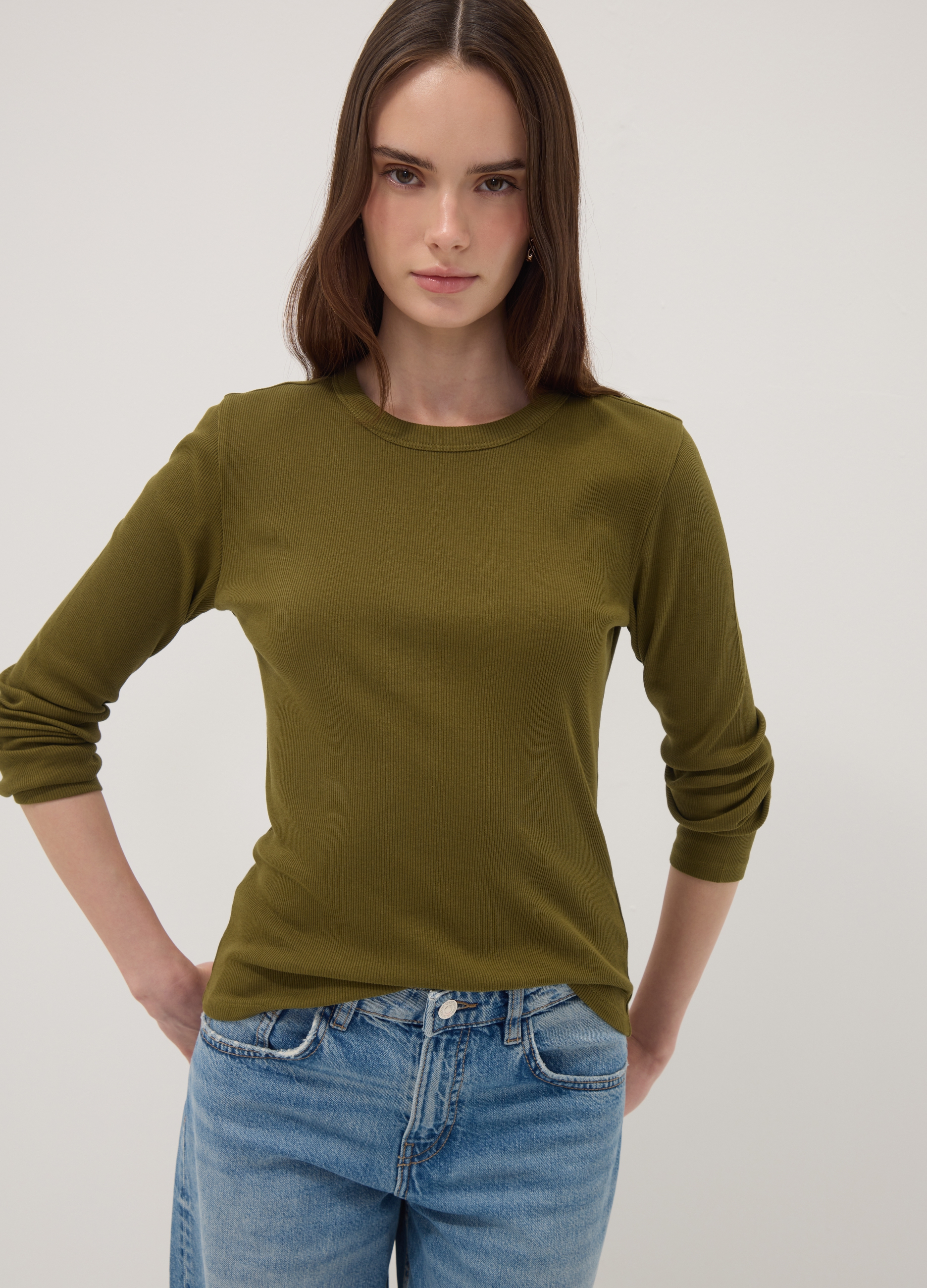 OVS, T-shirt Verde A Maniche Lunghe In Puro Cotone, Donna, Verde, Taglia: XXL