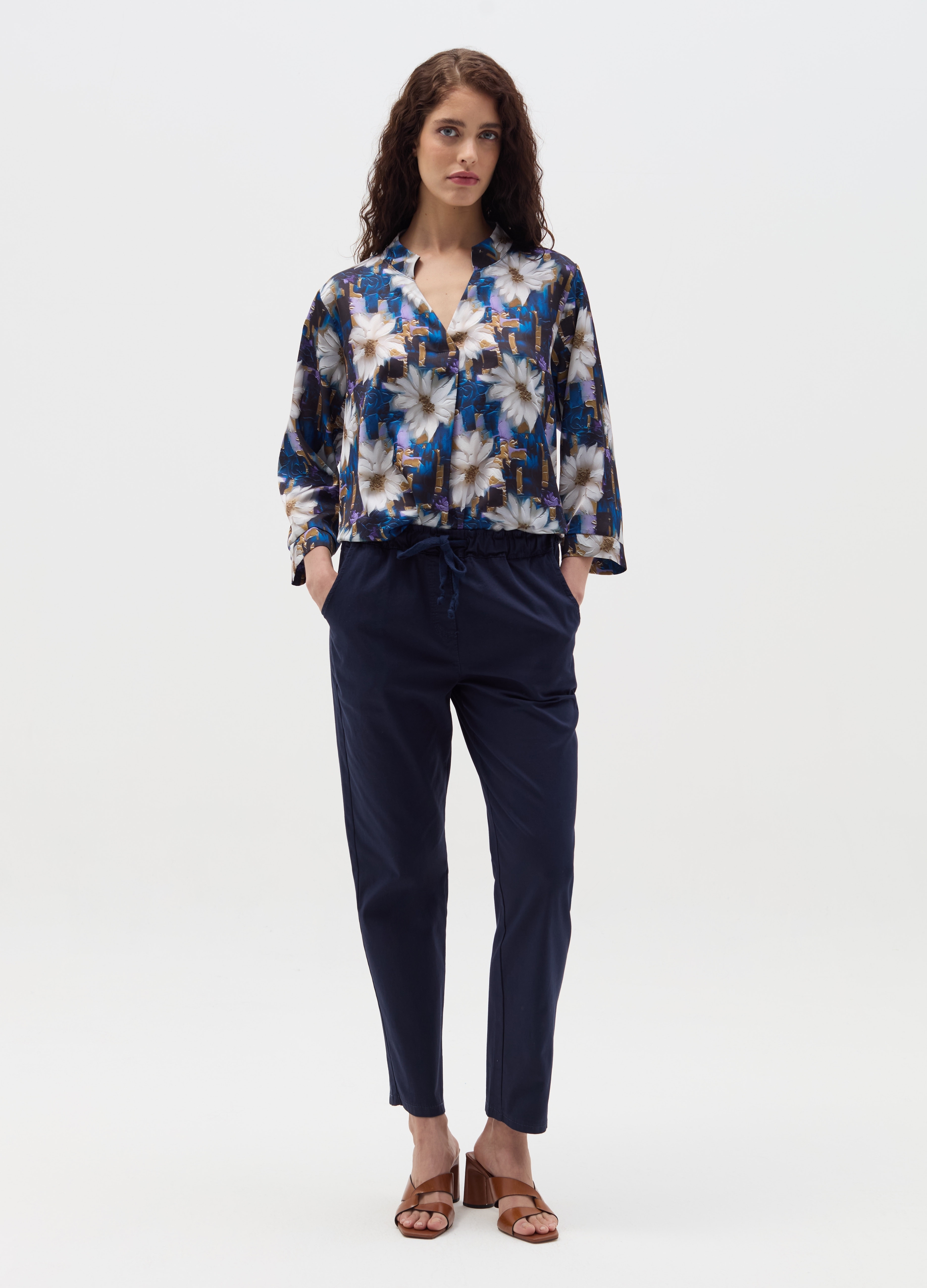 HYBRID, Pantalone Jogger In Cotone Stretch, Donna, Blu, Taglia: S