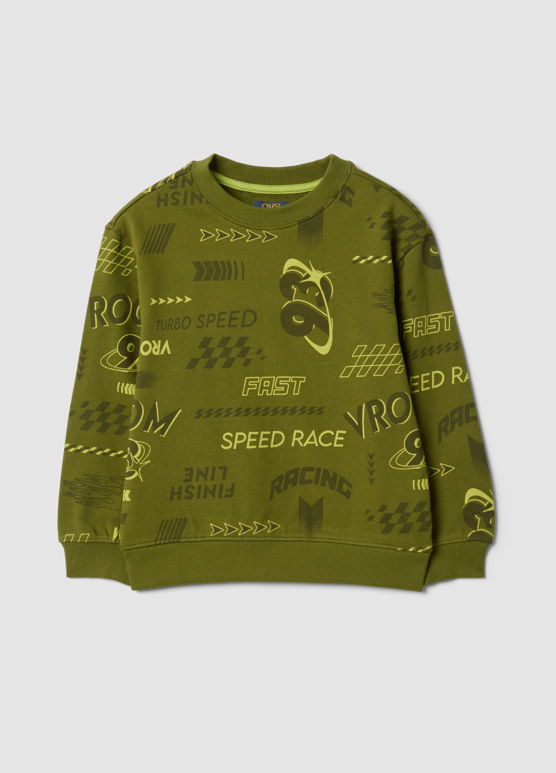 OVS KIDS, Felpa Verde In Misto Cotone E Viscosa Con Stampe Racing Over Fit, Bambino, Verde, Taglia: 3-4