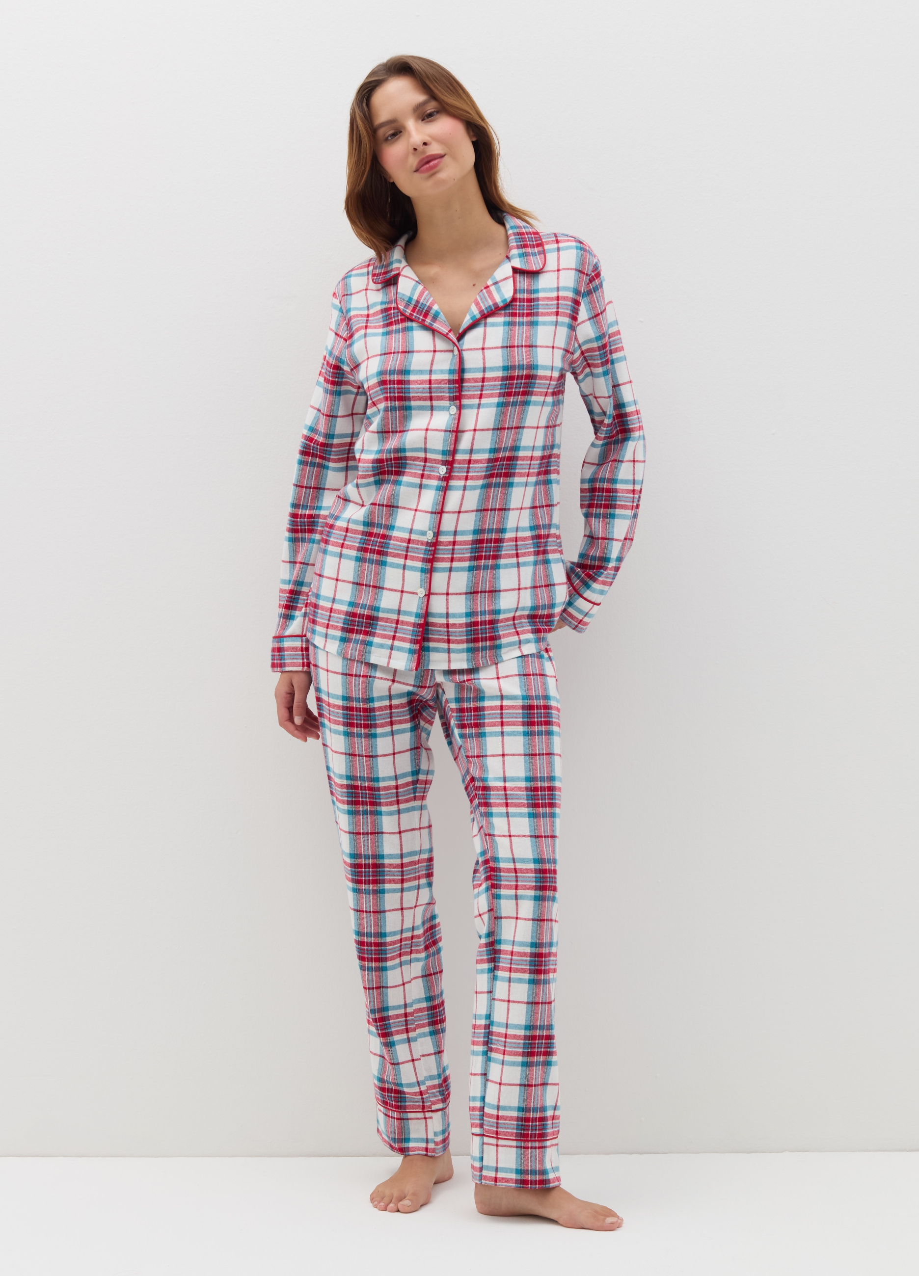 OVS, Pijama Largo De Franela Cuadros Con Lurex, Mujer, Blanco/azul/rojo, Talla: S