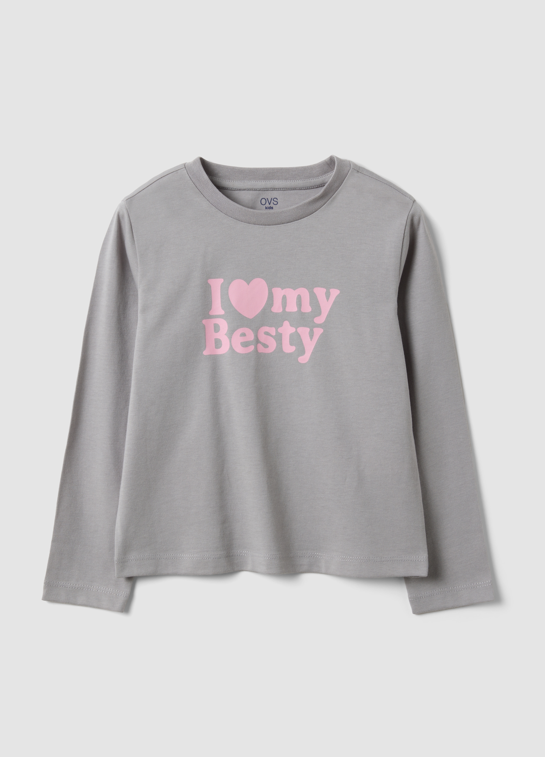 OVS KIDS, T-shirt Grigia In Cotone Organico Scritta Frontale Per Bambina Regular Fit, Grigio, Taglia: 6-7