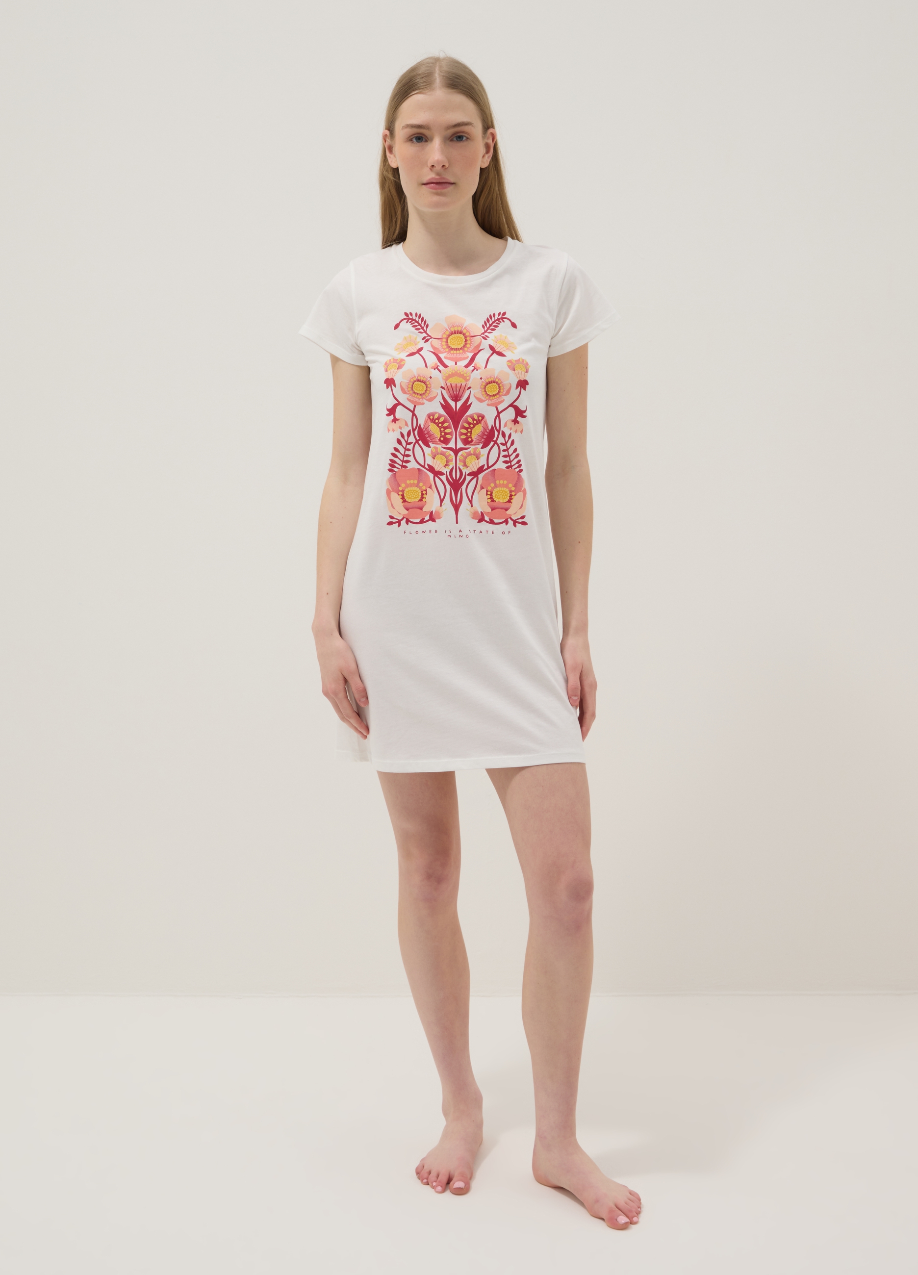 Camisón Blanco De Algodón Puro Con Estampado Floral Y Ajuste Regular, Mujer, Blanco suave, Talla: XL