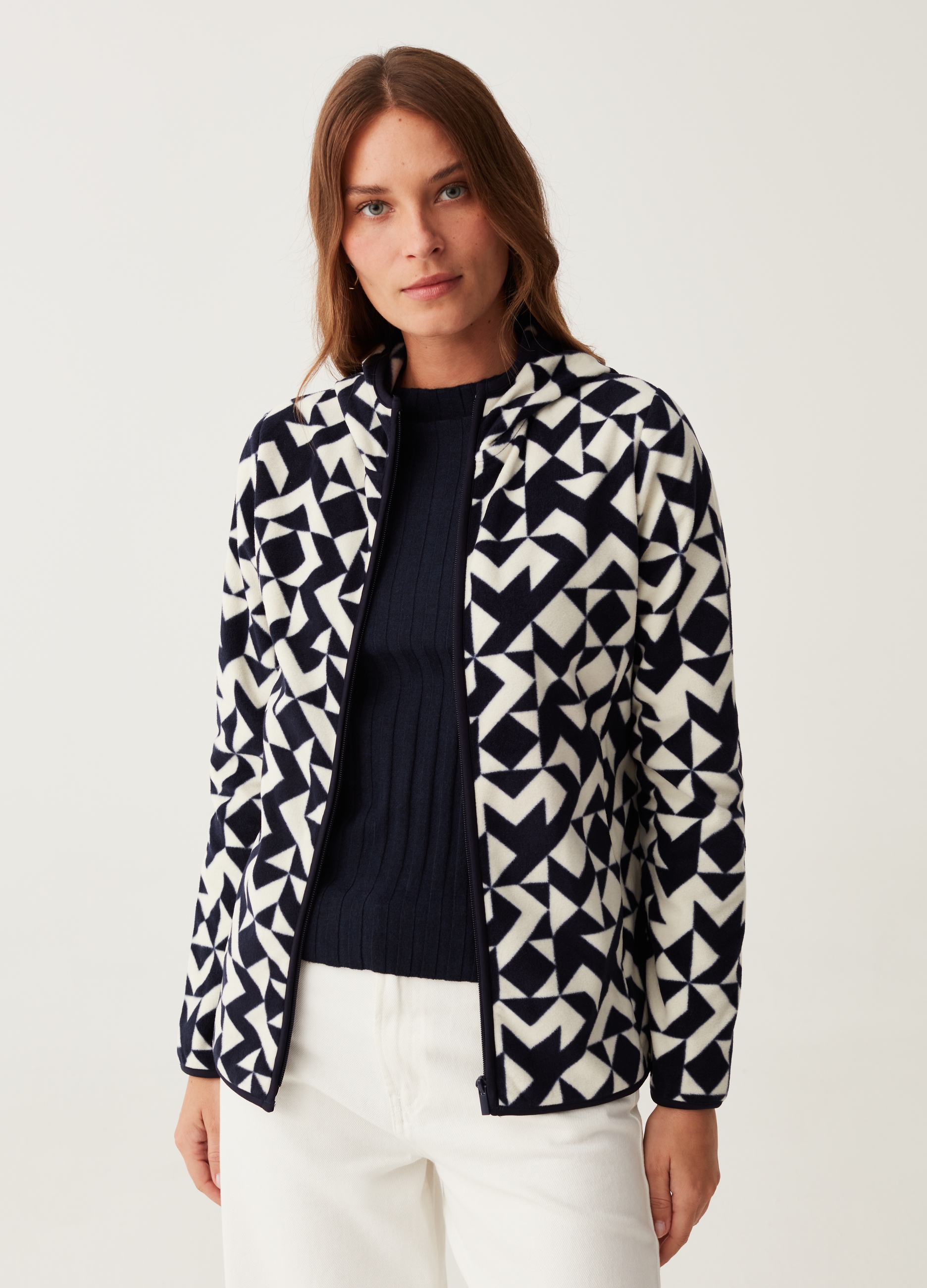 Sudadera Con Cremallera De Tejido Polar Con Capucha Y Estampado, Mujer, Blanco/azul, Talla: 36