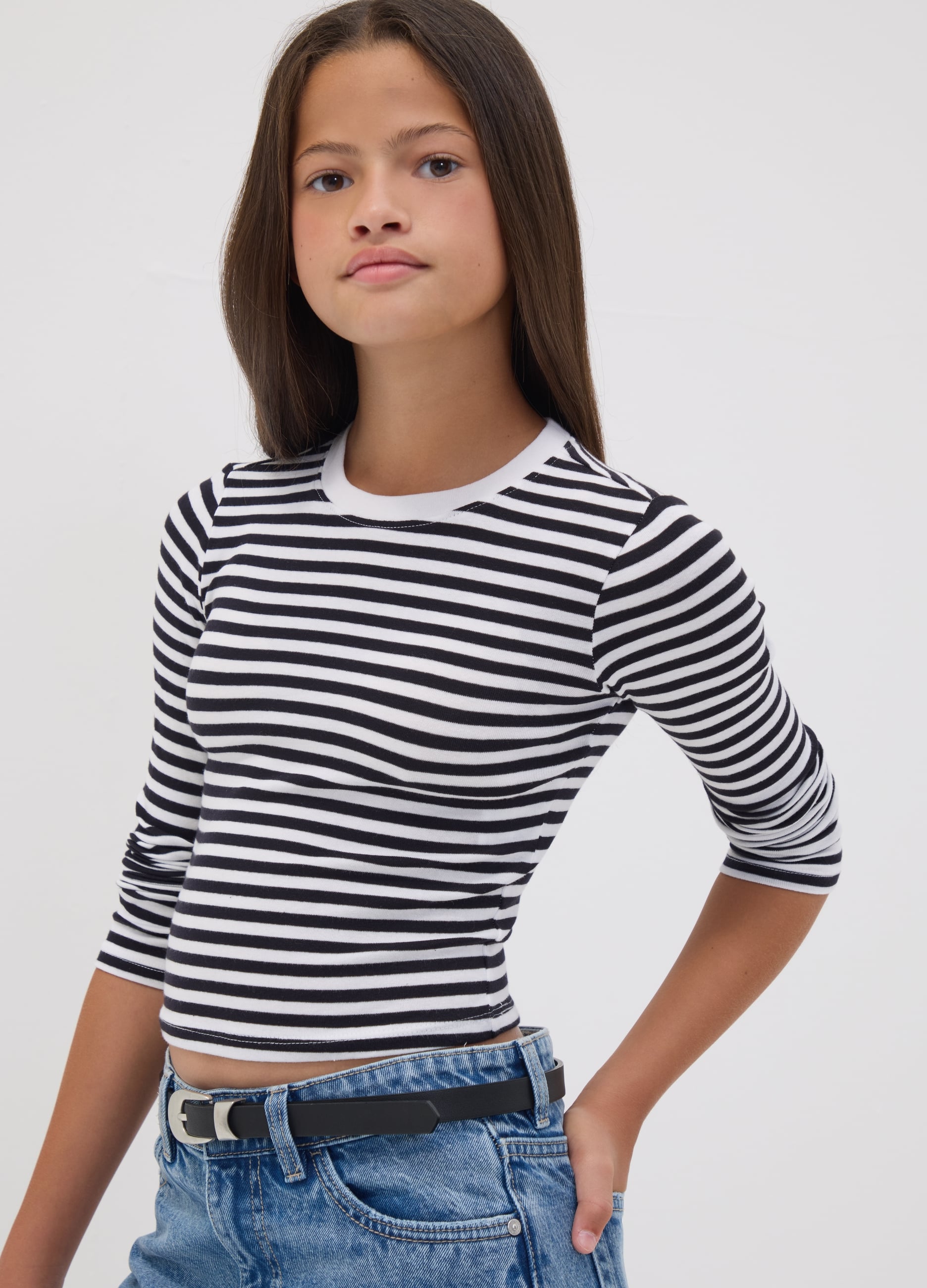 OVS KIDS, T-shirt Nera A Righe In Cotone Organico Elasticizzato Girocollo, Bambina, Nero, Taglia: 14-15