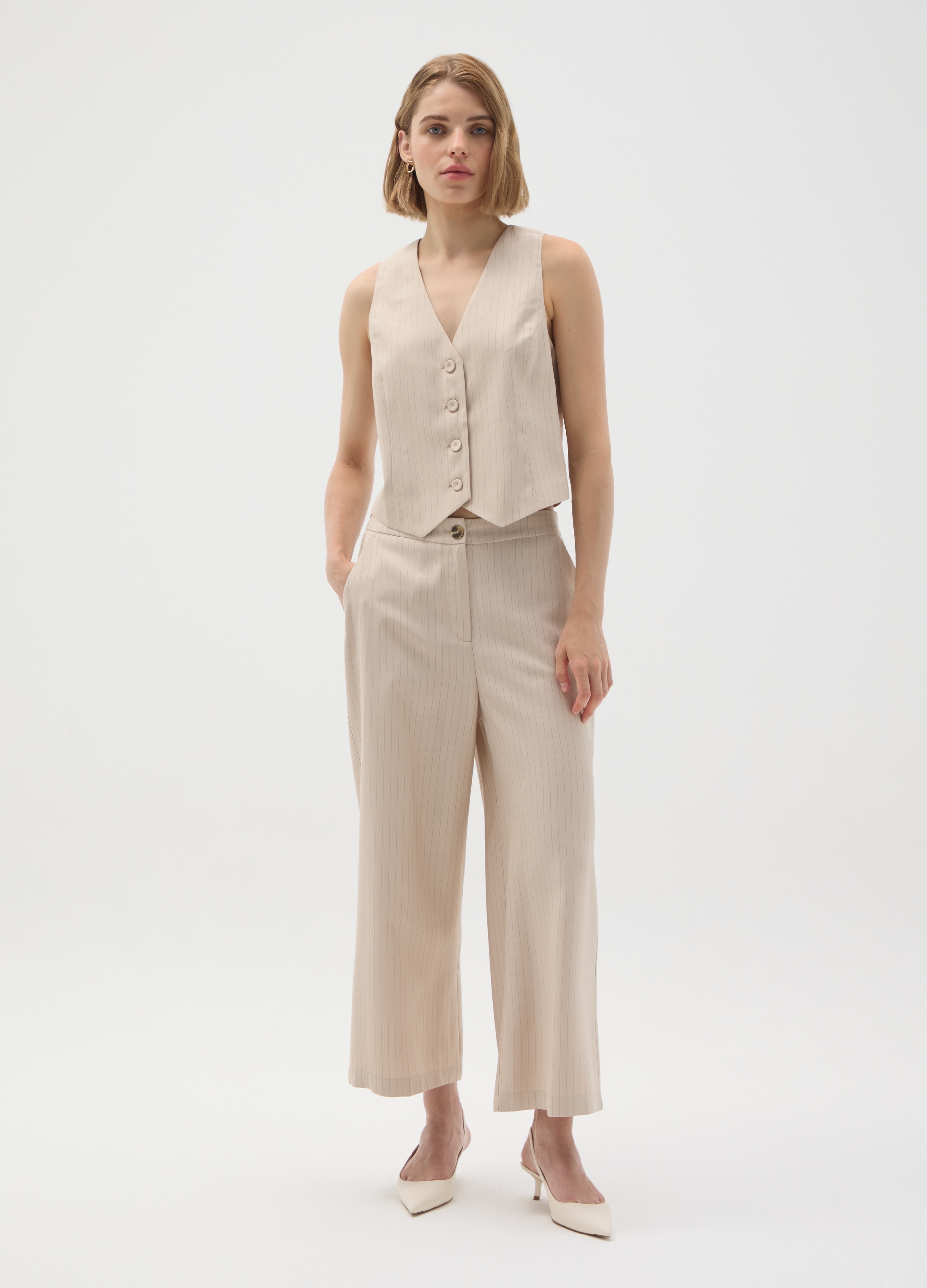 OVS, Beige Gestreifte Wide Leg Hose, Frau, Hellbeige, Größe: 34