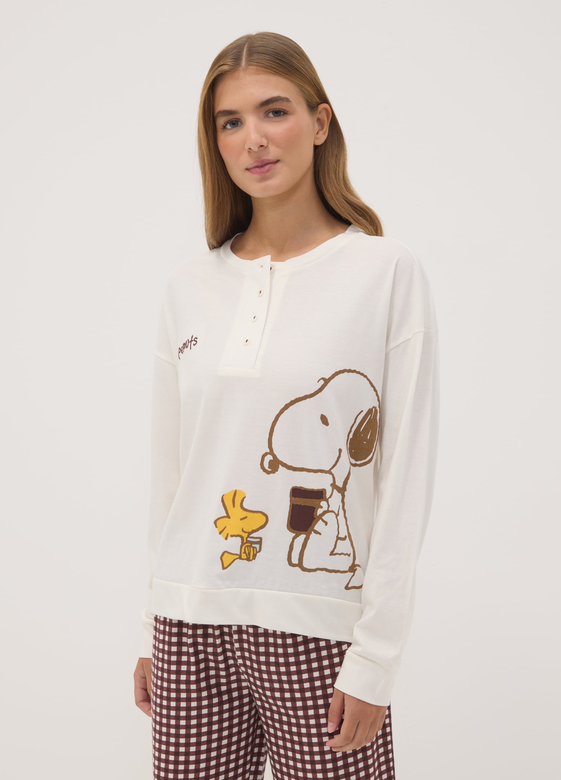 PEANUTS, Pigiama Marrone In Puro Cotone Organico A Tema Peanuts, Donna, Marrone, Taglia: S