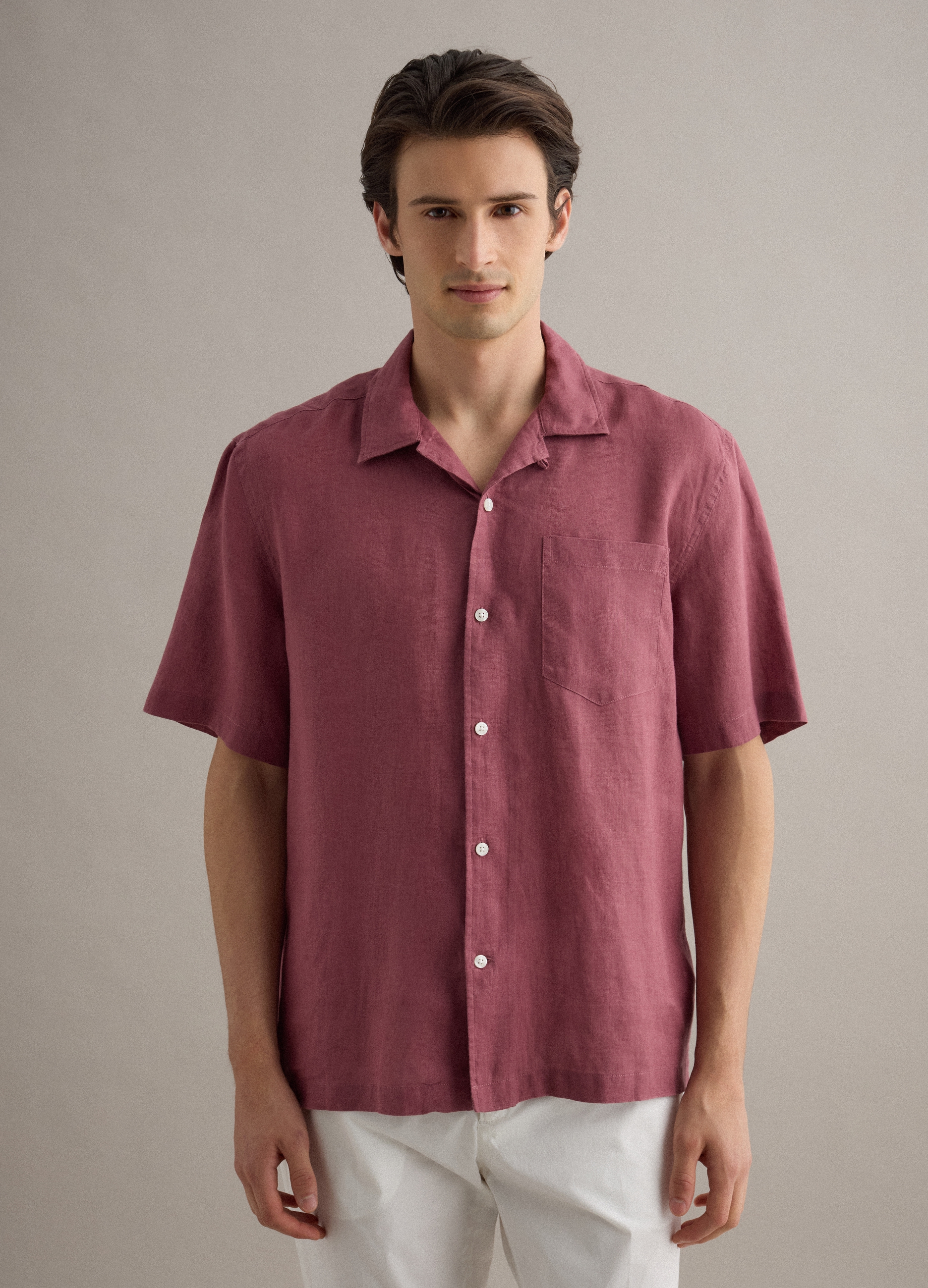 Piombo Contemporary, Camisa De Manga Corta De Lino Puro Rosa Corte Regular Con Bolsillo, Hombre, Rosa Oscuro, Talla: L