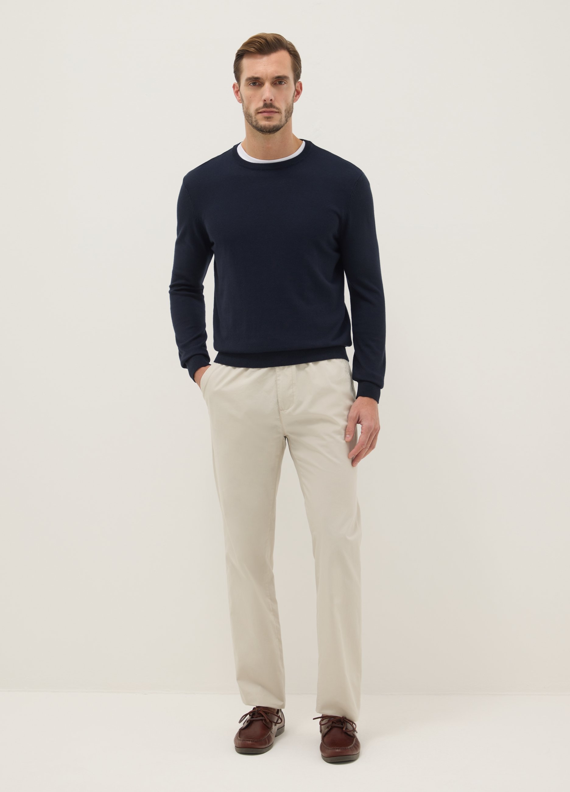 Pantalones Chino Beige En Puro Algodón, Ajuste Regular, Hombre, Beige Claro, Talla: L